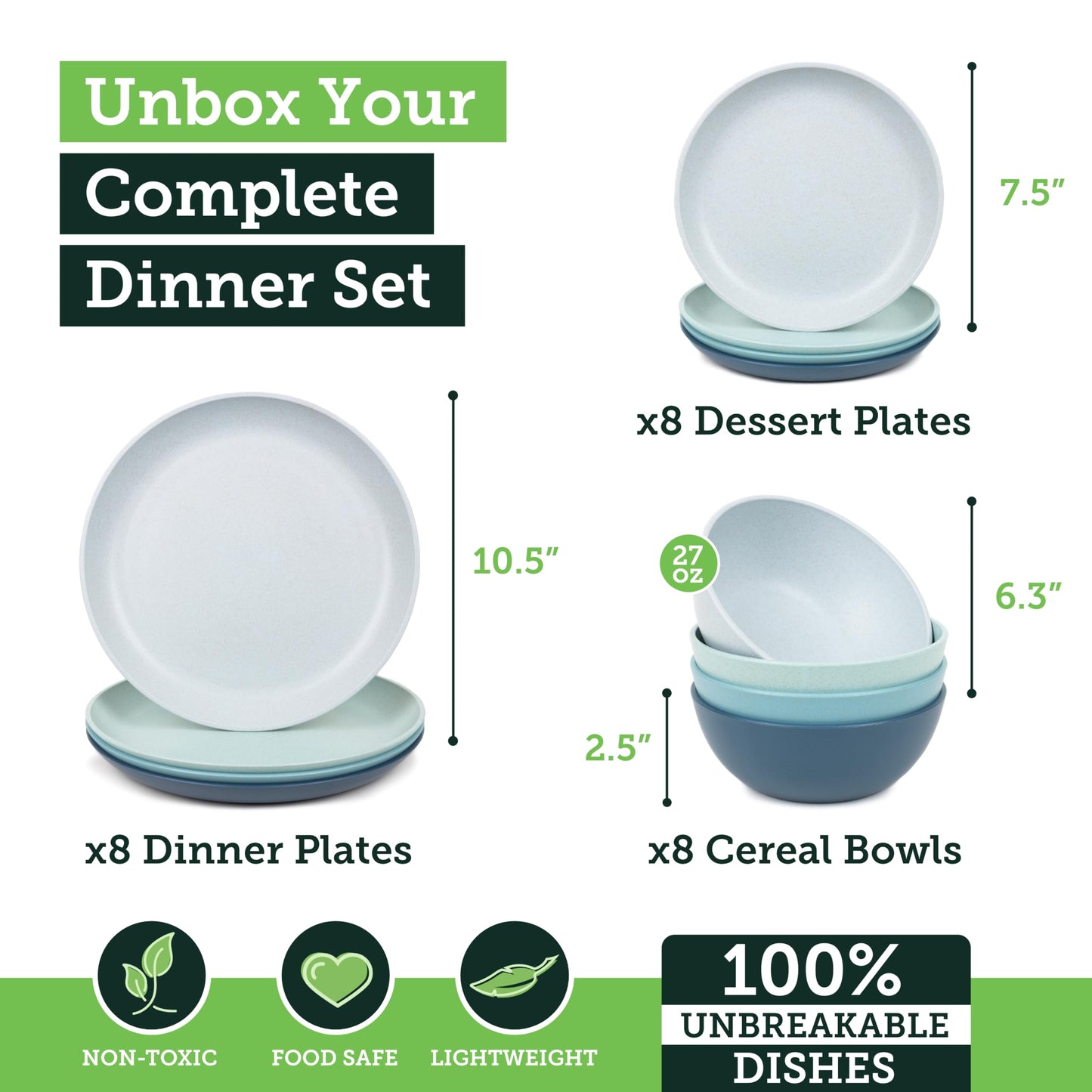 Grow Forward 24-piece Premium Wheat Straw Dinnerware Sets for 8 - Unbreakable Dishwasher & Microwave Safe Plastic Plates and Bowls Sets - Patio, Outdoors, RV, Camping Dishes - Seascape