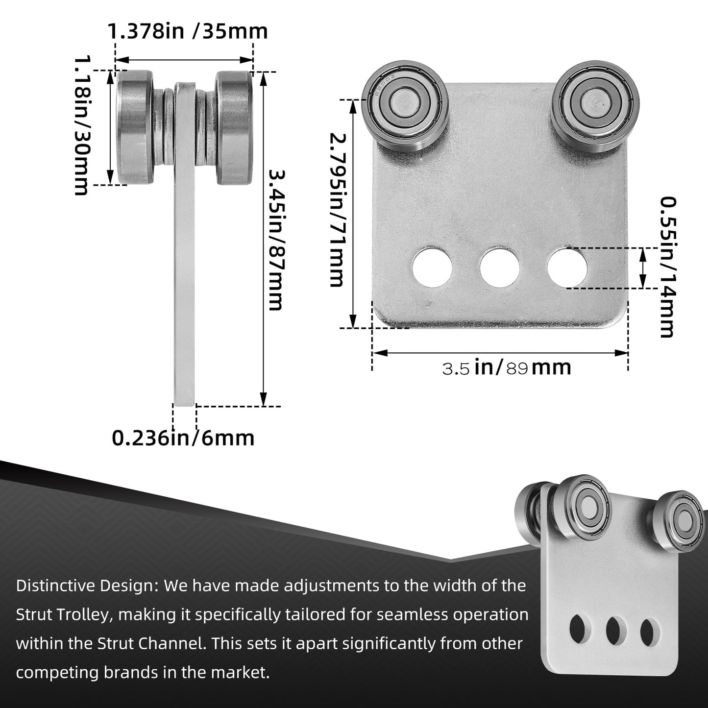 4Pcs 4 Wheel Trolley Assembly Rollers Four Bearing Trolley Assembly for 1-5/8" Wide and All 1-5/8" or Taller Strut Channel