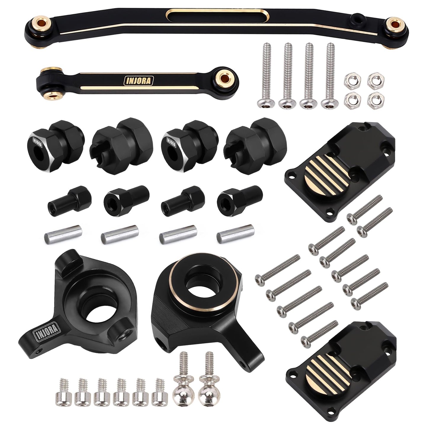 INJORA RC Black Brass Upgrades Steering Knuckle,Diff Cover and Steering Rod Tie Links Set for 1/24 RC Crawler Car Accessories Axial SCX24 Gladiator Bronco AXI90081 Upgrades Parts
