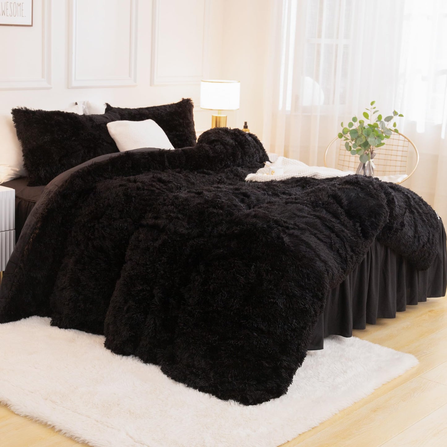 Andency Comforter Full Size Set Black, Fluffy Winter Faux Fur Warm Soft Plush Bedding Comforter Set (1 Velvet Comforter & 2 Pillowcases), Fuzzy Thick Heavy Puffy Comforters Bed Set