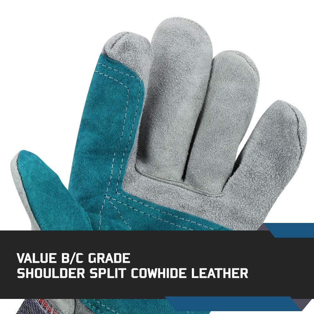 Glove Station Heavy Duty Double-Layer Cowhide Split Leather Palm Work Gloves with Rubberized Safety Cuff (X-Large (XL), 12-Pack)