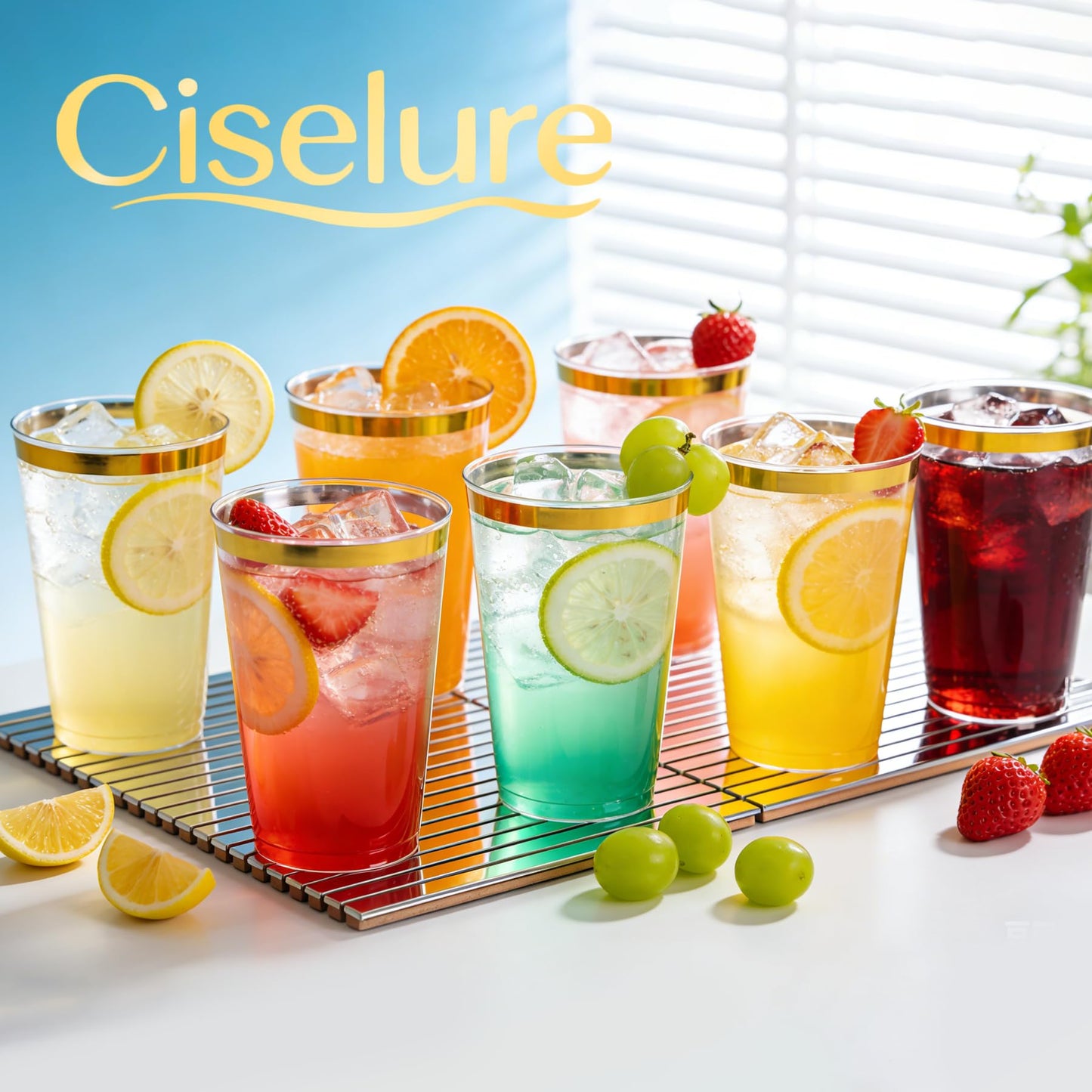 Ciselure 200 Pack Gold Plastic Cups, 12 Oz Clear Disposable Cups with Gold Rim, Heavy Duty Cups for Party, Wedding and Daily Use