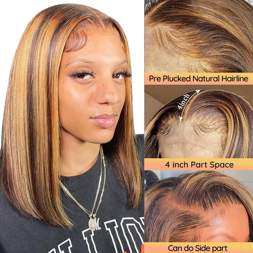 Superfect Highlight Lace Front Bob Wig Human Hair 14 Inch Ombre Honey Blonde 13x4 Hd Lace Front Wigs Human Hair Pre Plucked Middle Part 4/27 Colored Lace Frontal Wigs(14 Inch, 4/27 Highlight)