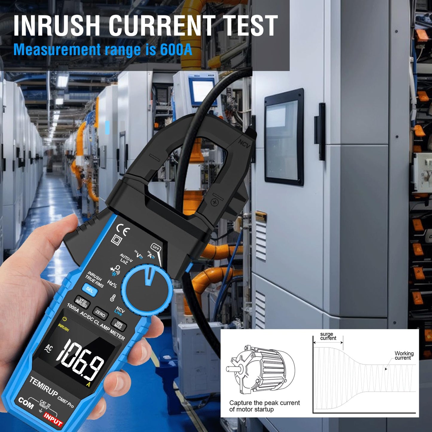 Inrush Digital Clamp Meter Multimeter - TEMIRUP T-RMS 6000 Counts 1000A Amp Voltage Tester with VFD, LOZ, Measures NCV, AC/DC Voltage Current, Continuity Capacitance Frequency Resistance, Temperature
