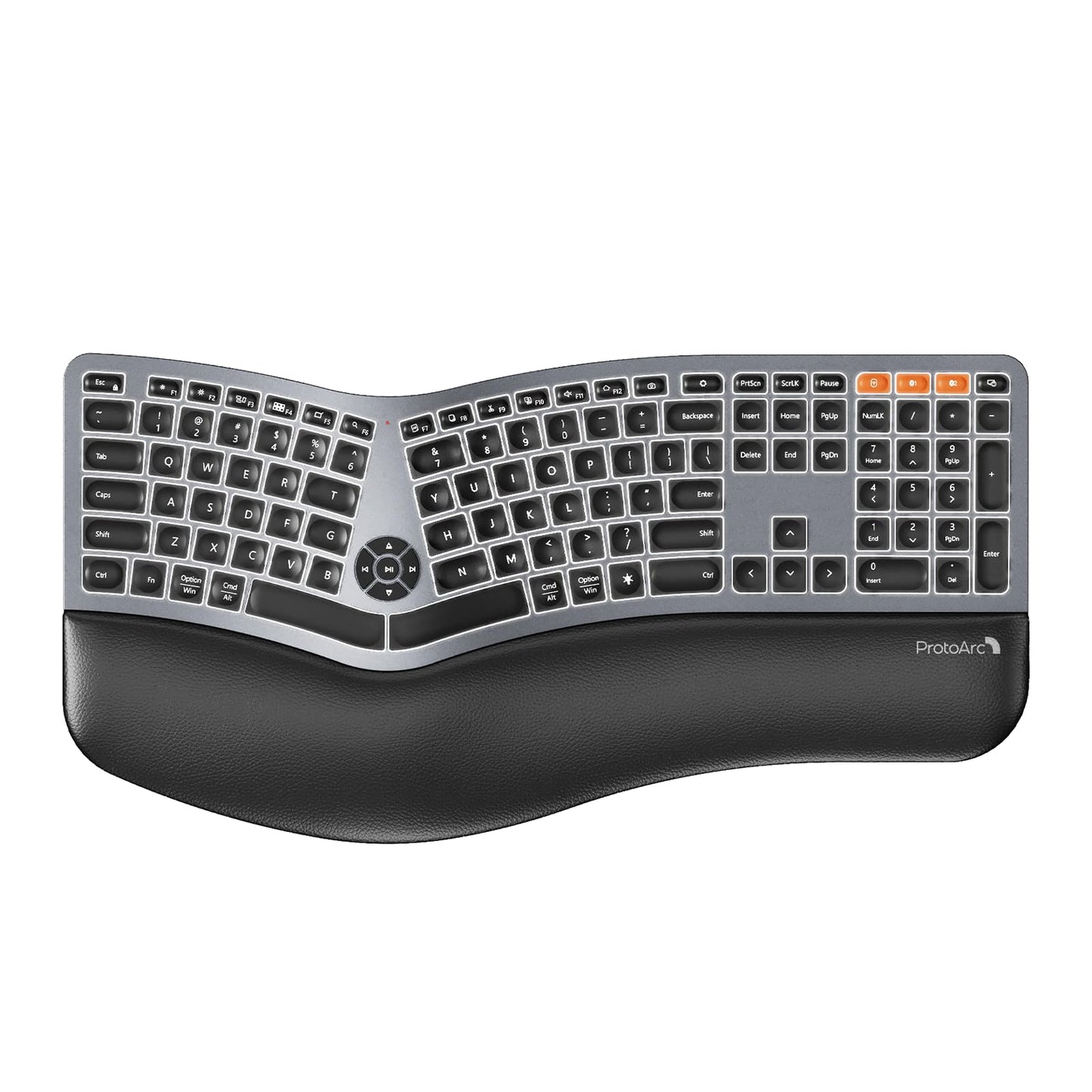 ProtoArc Backlit Bluetooth Ergonomic Keyboard, EK01 Plus Full Size Wireless Split Keyboard with Dual Bluetooth and USB, Cushioned Wrist Rest, Rechargeable, Compatible with Windows/Mac/Android, Grey