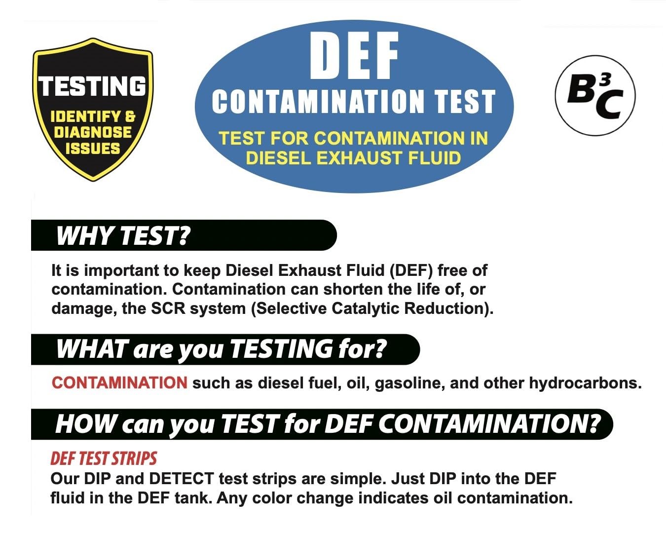 B3C Fuel Solutions DEF 7-040-9 Diesel-Exhaust-Fluid Contamination Test Strips (Pack of 100)