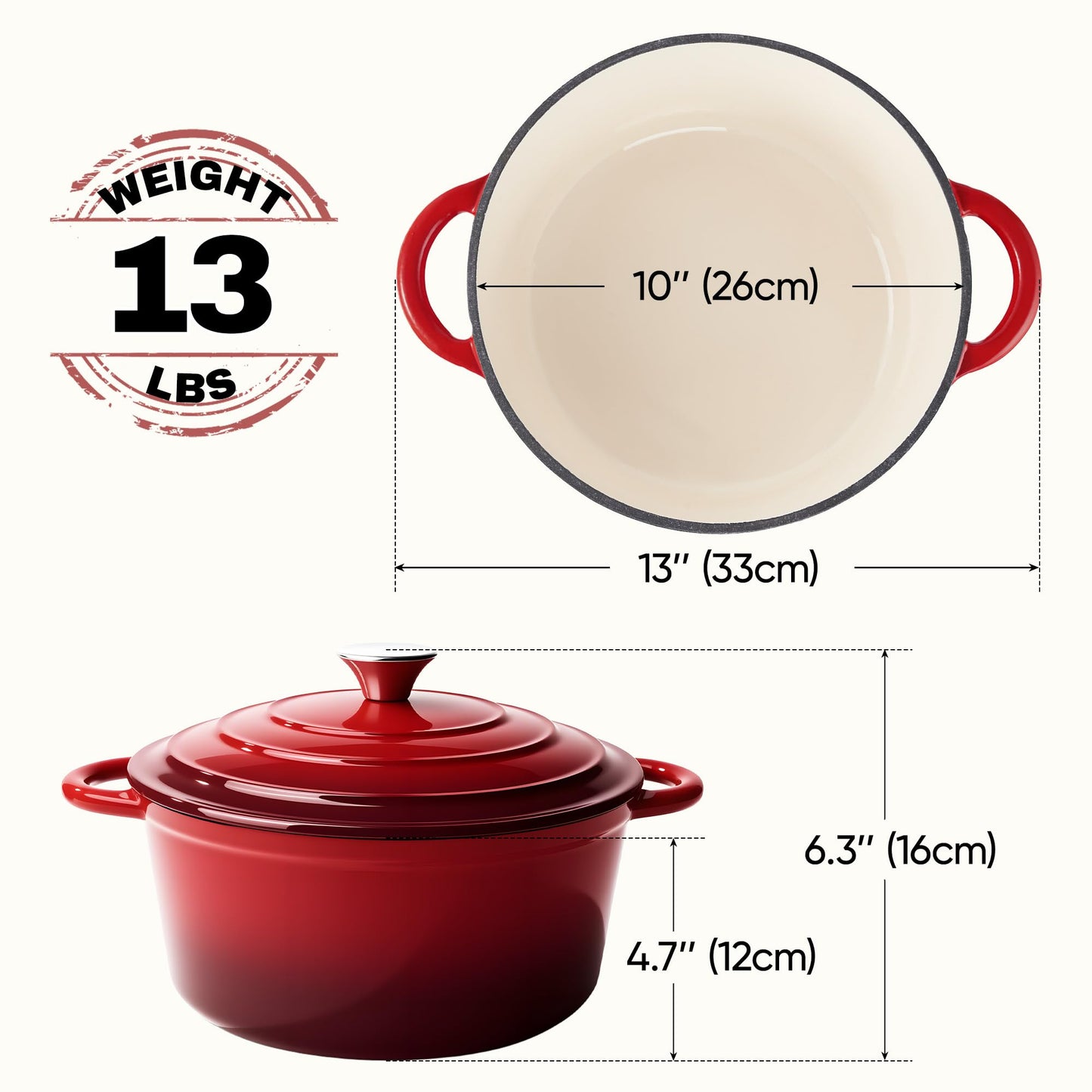 6 Quart Dutch Oven Pot with Lid, Non Stick Enameled Cast Iron Dutch Oven for Bread Baking, Heavy-Duty, Oven Safe Ceramic Cookware Up to 500°F for Baking, Braising, Stews, Roasting, Red