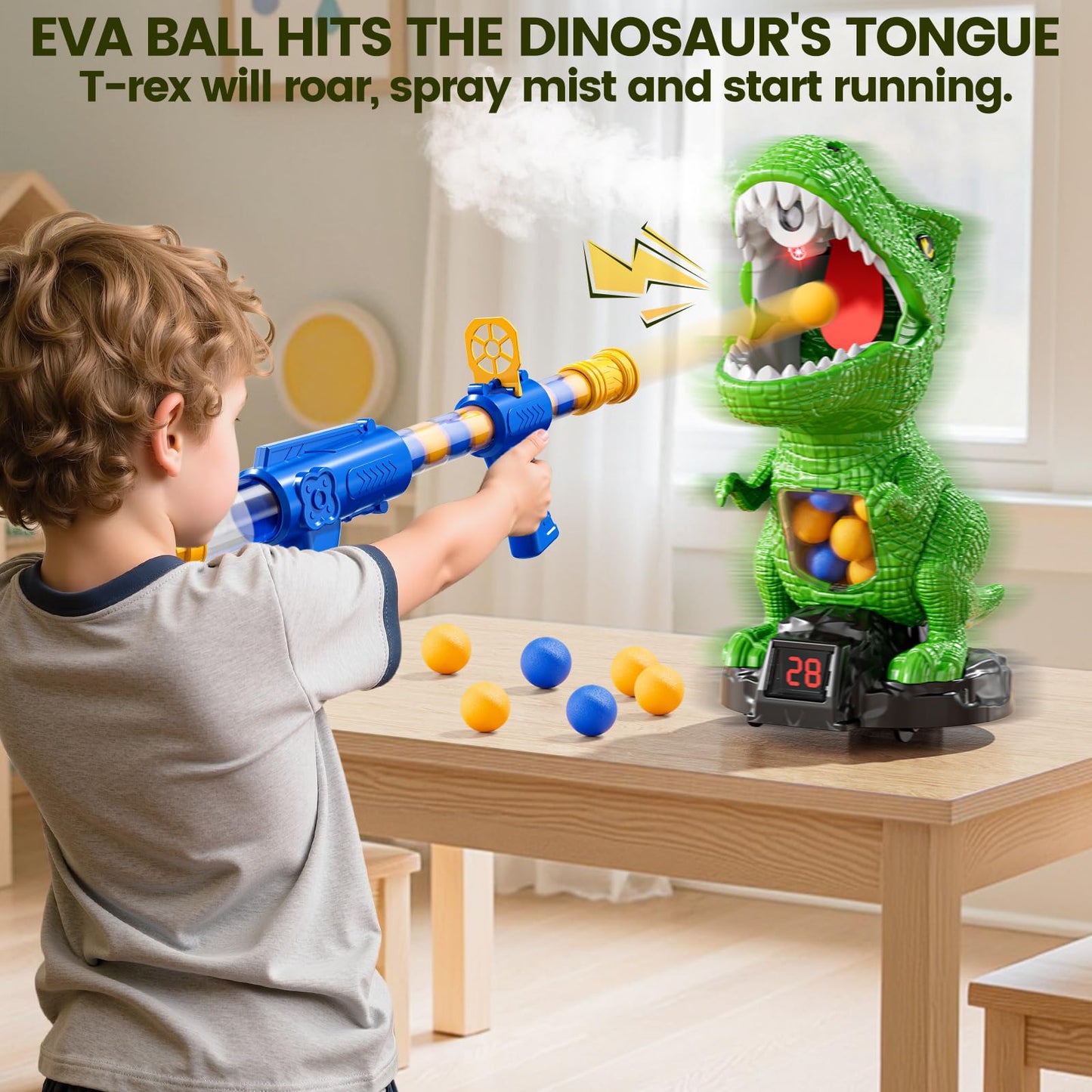 XINNOVEL Movable Dinosaur Shooting for Toys Kids 4-6, Electronic Kids Target Games with 2 Air Pump Guns, LCD Score Record, Sound, 48 Foam Balls, Birthday Gifts for 3 4 5 6 7 8 9 Year Old Boys Girls