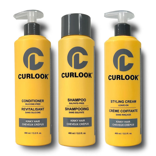 Curlook Kinky-Coily Hair Package | Shampoo, Conditioner & Leave-In Styling Cream Set | Sulfate-Free, Silicone-Free | 400ml (13.5 oz) Each Bottle | Made in Canada Curly Hair Products | Pack of 3