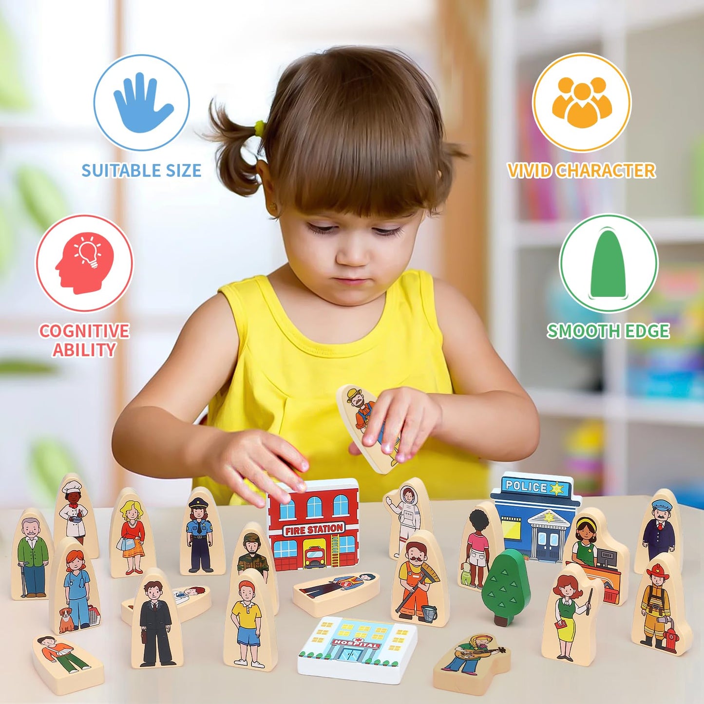 Atoylink 36Pcs Wooden Community Helpers Pretend Play Toys for Kids 3 4 5 6 Year Old, Wooden People Figures Blocks Occupations Dress up Toddlers Preschool Learning Toys Boys Girls Birthday Gifts