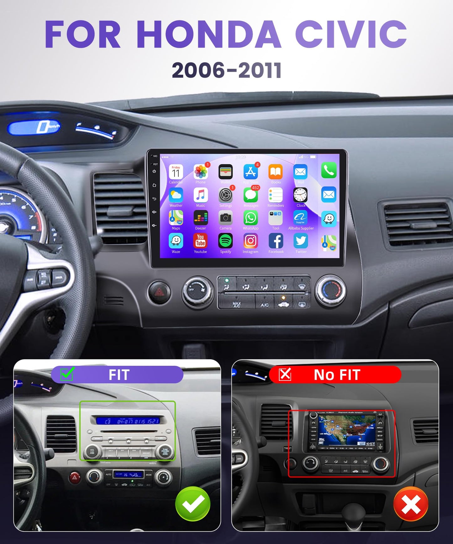 Podofo for Honda Civic 2006 2007 2008 2009 2010 2011 Car Stereo Radio with GPS Navigation 10.1 inch HD IPS Touch Screen Bluetooth Car Radio Support Mirror Link WiFi Backup Camera Mic
