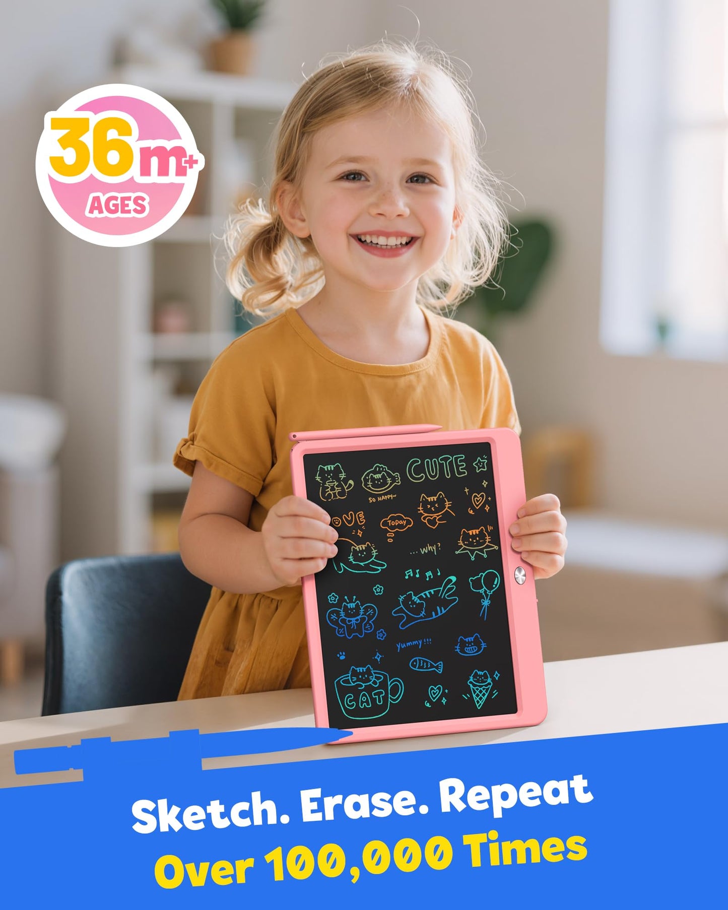 TEKFUN LCD Writing Tablet for Kids Girls Toys, 12 Inch Erasable Drawing Tablet Doodle Board Colorful Doodle Pad, Back to School Supplies Gifts for Toddlers Girls Adults
