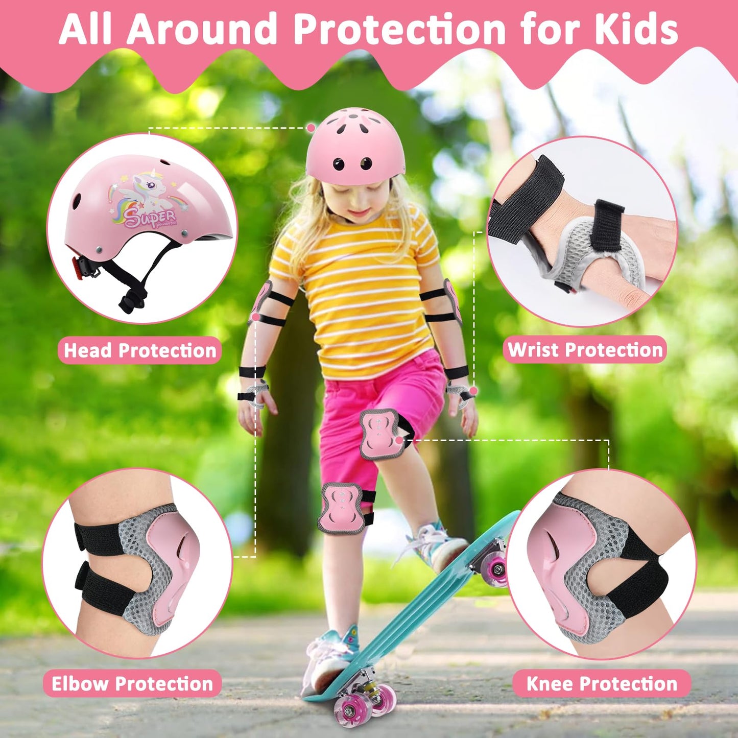 Kqpoinw Adjustable Kids Bike Helmet Set with Knee, Elbow and Wrist Pads, Toddler Helmet for Ages 3-5-8-14 Boys Girls, Protective Gear Set for Ages 3-14 Kids & Youth, for Bikes Skateboards Rollerskates