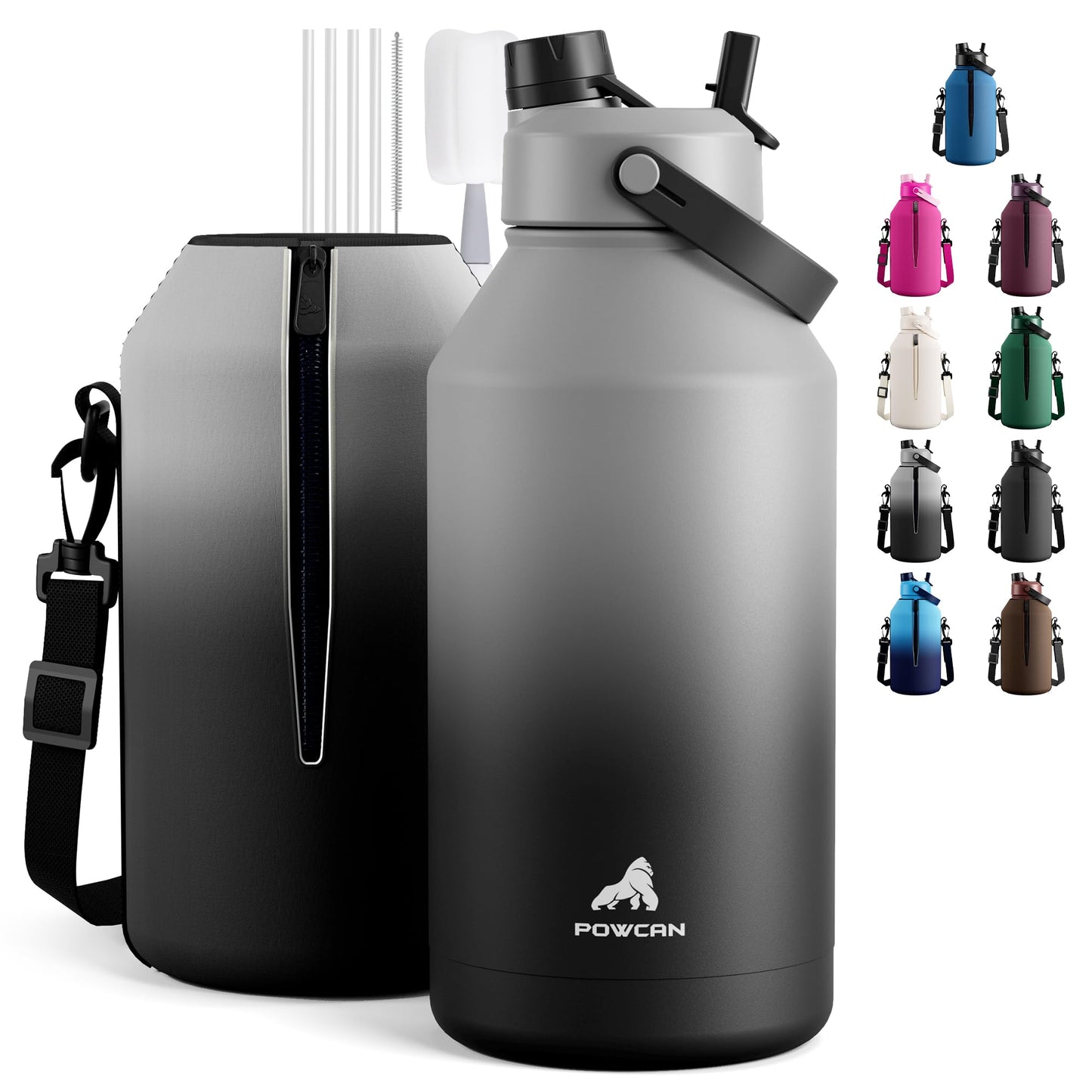 POWCAN 64 oz Insulated Water Bottle with 2-in-1 Straw and Spout Lid, Keep Cold 48H, Leakproof, Carrier Bag, Stainless Steel Sport Water Bottle for Men, Fitness, Outdoors, Gym and Travel (Obsidian)