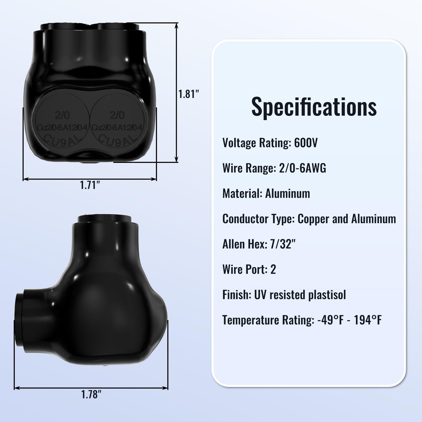 RVBOATPAT Insulated Connector 2 Port Multi Tap Connector 2/0-6 AWG Single-Sided Entry Aluminum to Copper Wire Connectors Slotted Allen Hex - 6 Pack