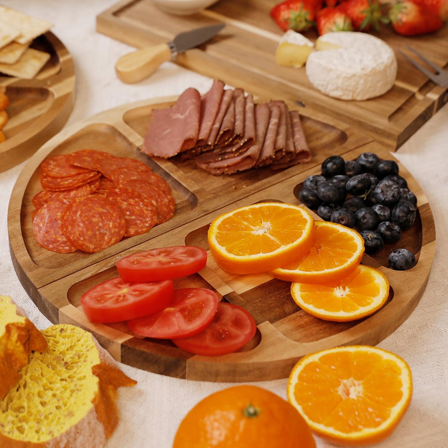KWASVLYA Magnetic Charcuterie Board Set - Acacia Wood Serving Tray & Cutting Board with Modular Design, Juice Grooves, +4 Cutting Mats & Knives, 26x13 Inch, Gift for Home/Parties