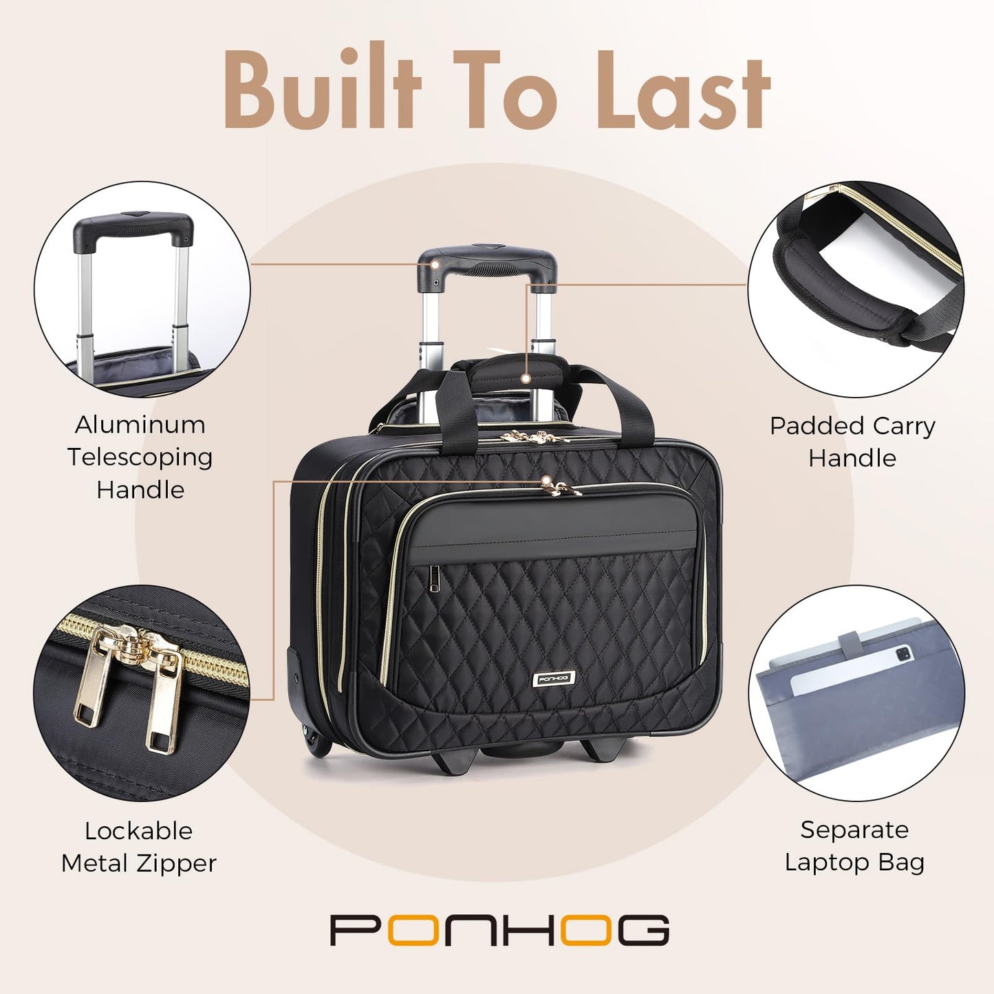 Ponhog Rolling Laptop Bag, 15.6 Inch Rolling Briefcase for Women with Wheels, Carry On Flight Approved Roller Computer Case for Travel Work College Business Wife Mom Teacher, Black