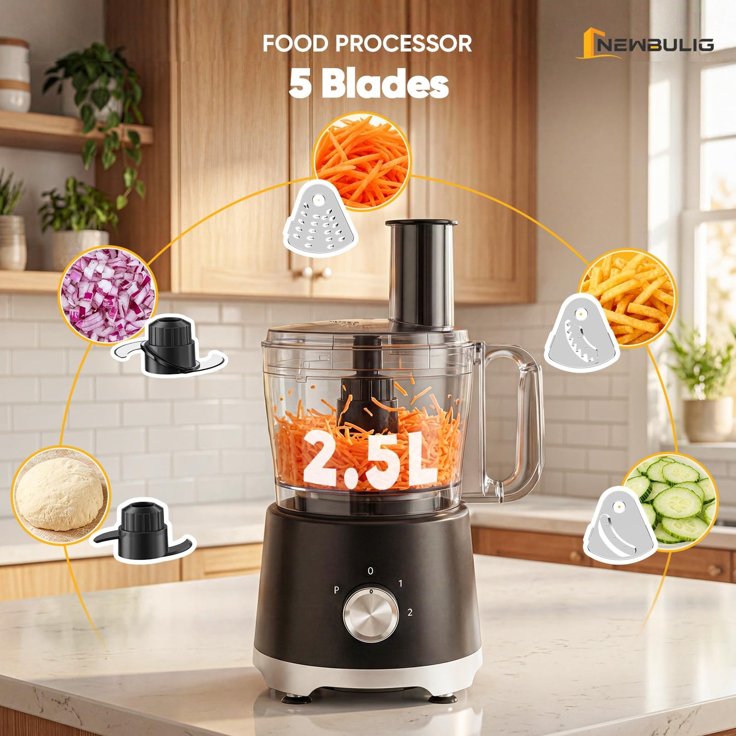 NEWBULIG 10.5 Cups Food Processor, Versatile Food processors with 5 Blades, 600W Powerful Meat Grinder for Slicing, Shredding, Chopping, Kneading, Dishwasher Safe, for Meat, Vegetables, Fruit, Dough