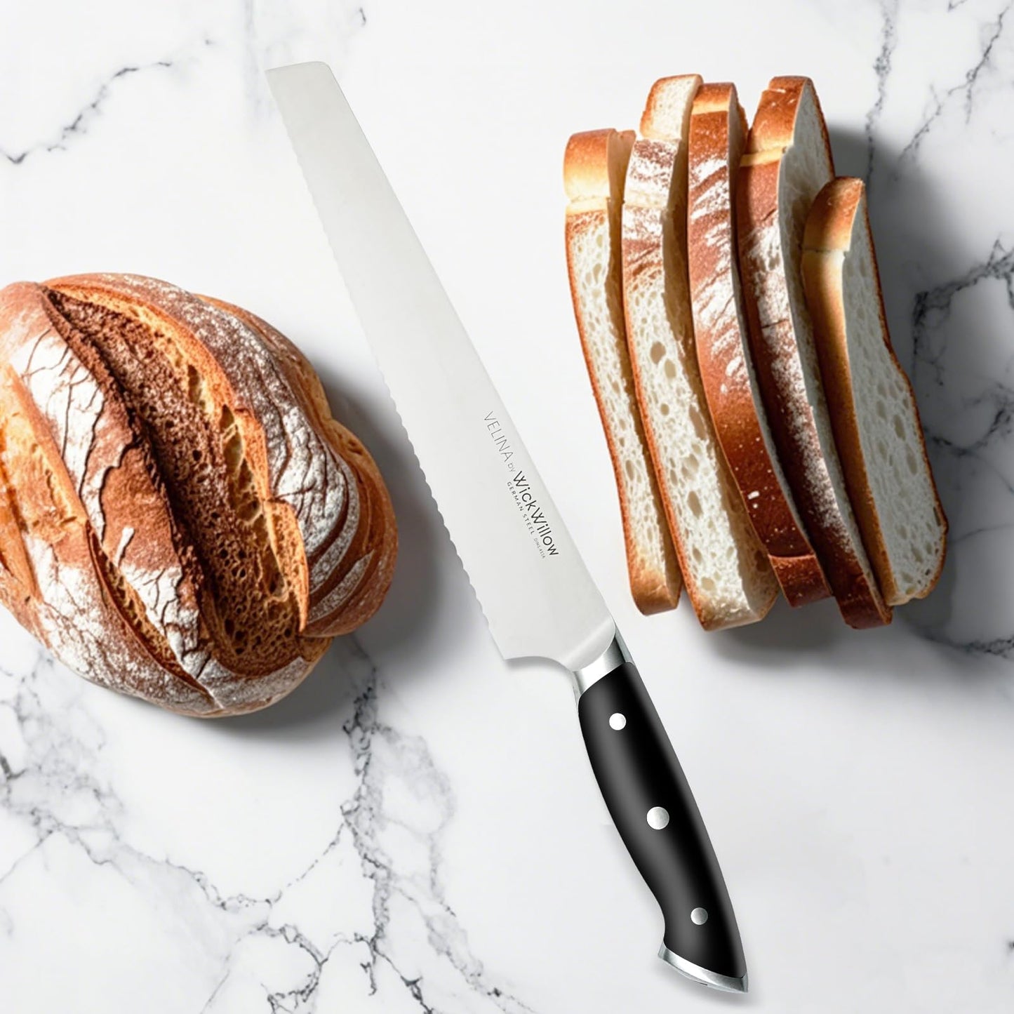 WICKWILLOW Velina 10-Inch Serrated Bread Knife - German X50CrMoV15 Steel, Full Tang, Razor-Sharp Wavy Edge for Sourdough, Artisan Bread, Bagels, Cakes & Sandwich Loaves - Gift Boxed for Home Bakers