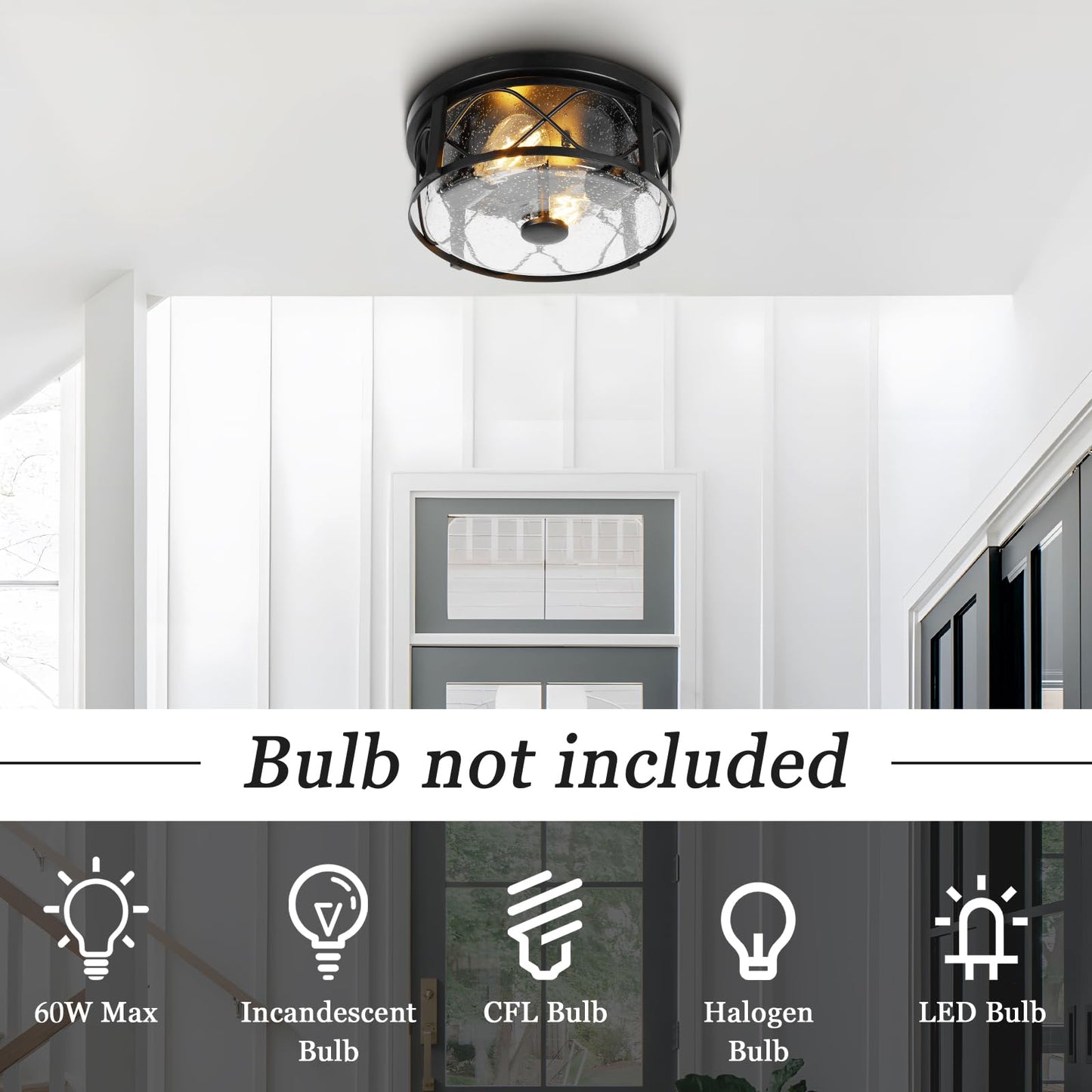 Rustic Close to Ceiling Light Fixtures, Farmhouse Flush Mount Ceiling Lighting, Metal Cage Lighting with Seeded Glass Black Cage for Home Kitchen Dining Room Bedroom Hallway Entryway Foyer