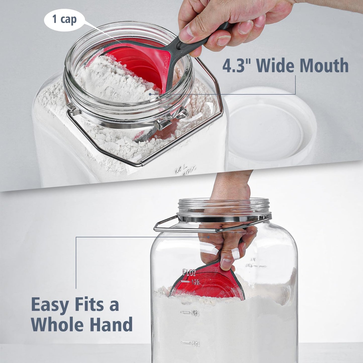 2 Pack 1.5 Gallon Glass Jar with Lid Wide Mouth, Large Mason Jar with Airtight Screw Lid and Handle, Clear Glass Storage Containers with 2 Scale Mark for Flour, Cookie, Candy, Kombucha and Fermention
