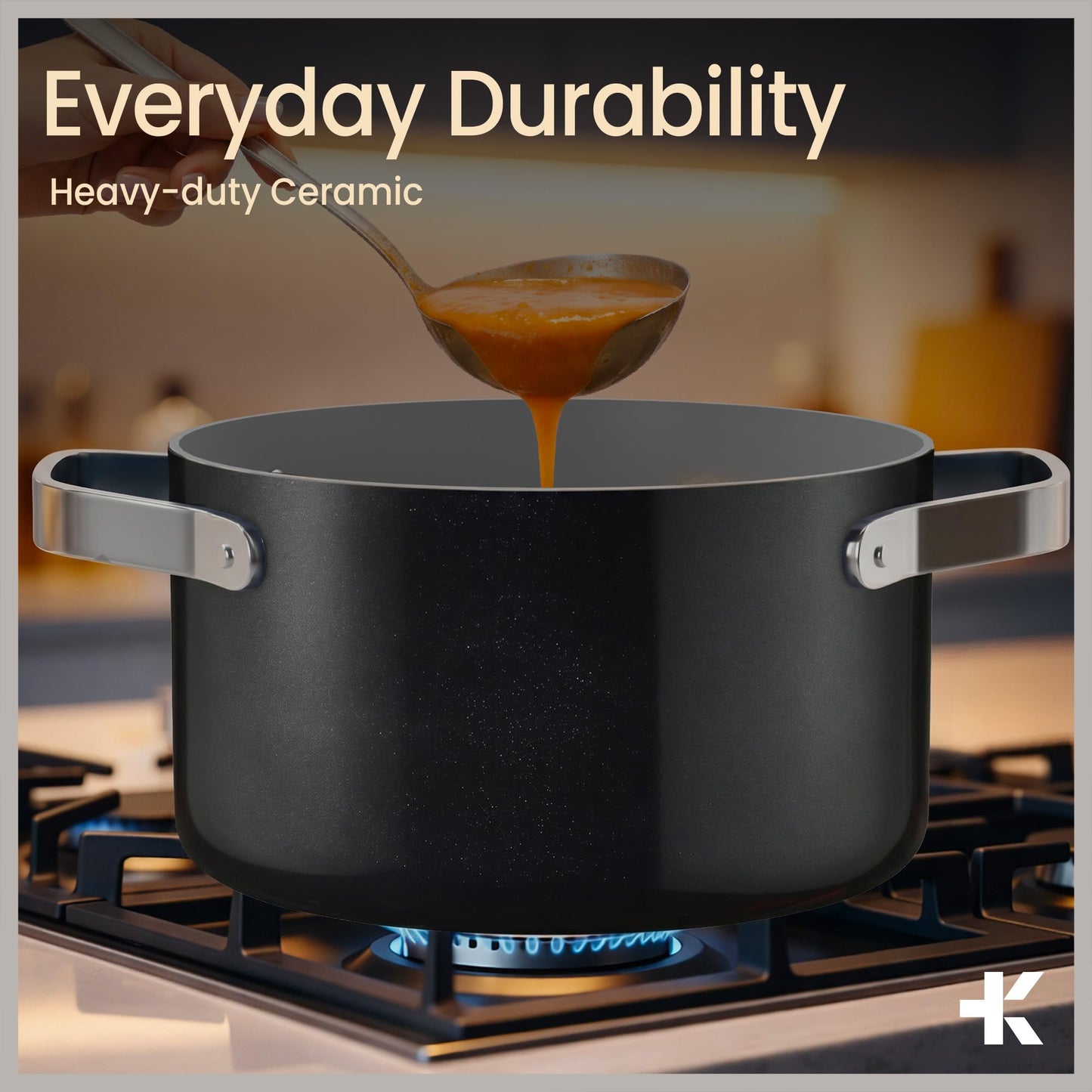Bakken 12.5 Quart Ceramic Coated Stock Pot with Lid, Easy Clean Nonstick Pot, Tempered Glass Lid, Riveted Stainless Steel Handles, Oven Safe Up To 500°F, PTFE & PFAS Free, All Stove Compatible, Black