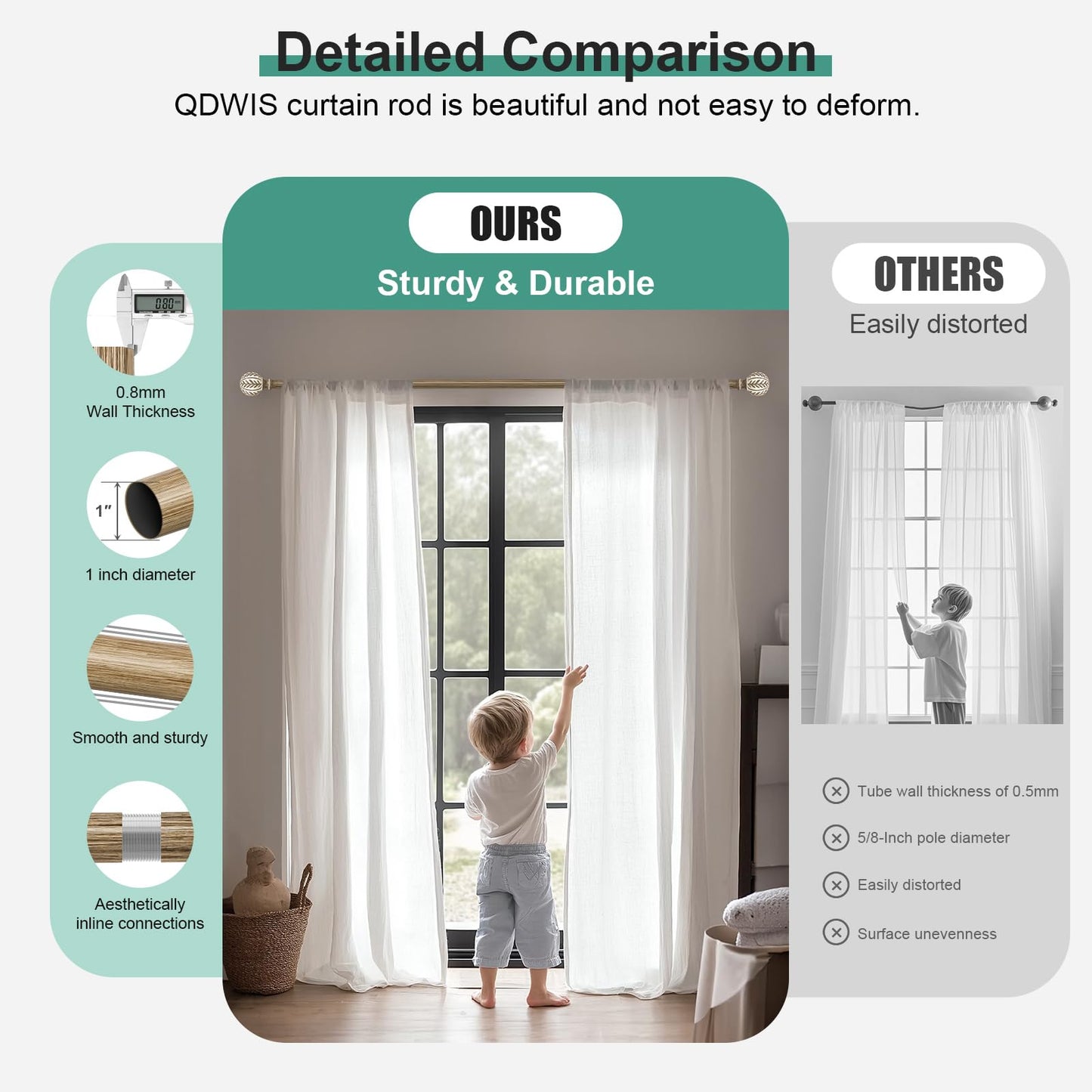 QDWIS 2 Pack Boho Wood Curtain Rods for Windows 28 to 48 inch,1" Adjustable Heavy Duty Window Curtain Rod with Imitation Wood Grain Finials,Rustic Decorative Drapery Rods Set 18-60'',Weathered Wood