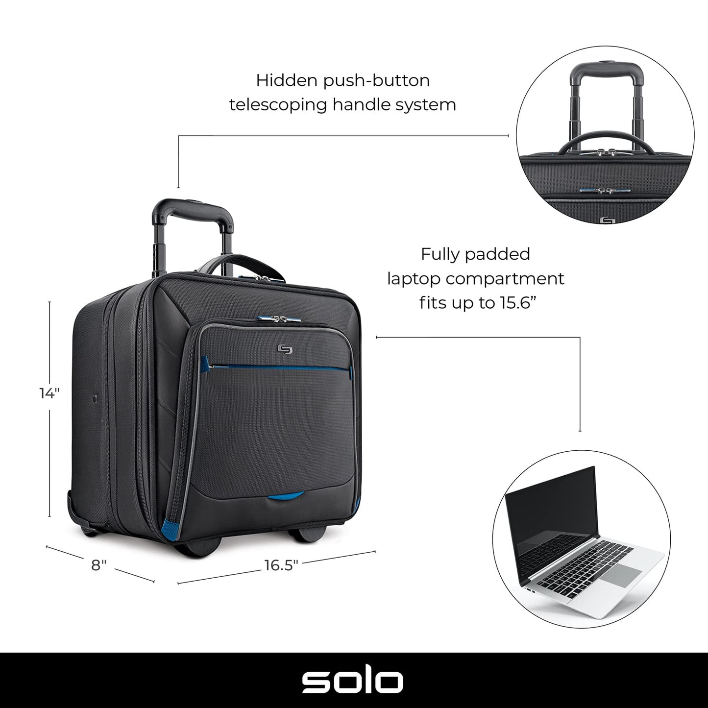 Solo New York Active Rolling Overnight Laptop Bag. Business Travel Rolling Overnighter Case for Women and Men. Fits up to 16 inch laptop - Black, 15" x 16" x 7" (TCC902-4/20)