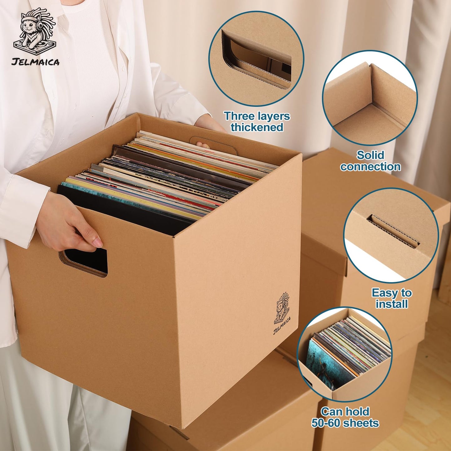 Jelmaica Vinyl Record Storage Box - Moving Box with Handles and Lids - Sturdy Cardboard Crate for Vinyl storage - Holds Up to 60 Records or LPs - Set of 4 Boxes (Kraft)