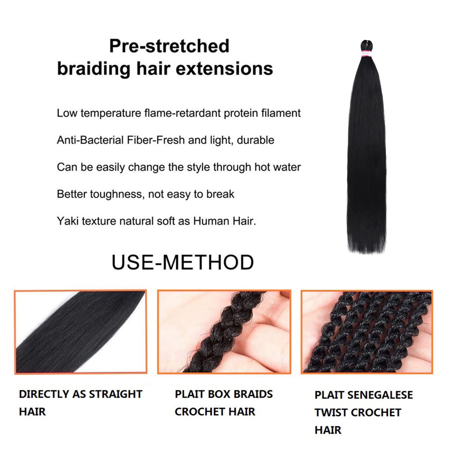 Pre Stretched Braiding Hair 8 Packs 42 Inch Natural Black Color Long Professional Hair for Braiding Twist Braids Itch Free Hot Water Setting Yaki Straight Synthetic Hair Extensions (#1B)