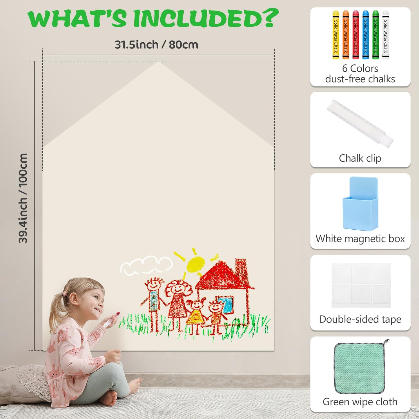 Magnetic Wall Decal for Kids, 40"x32" Magnetic Chalkboard for Wall, Self Adhesive Wall Sticker Board with 6 Dustless Chalks, Chalk Holder, Wipe Cloth, Magnetic Wallpaper for Playroom, Home