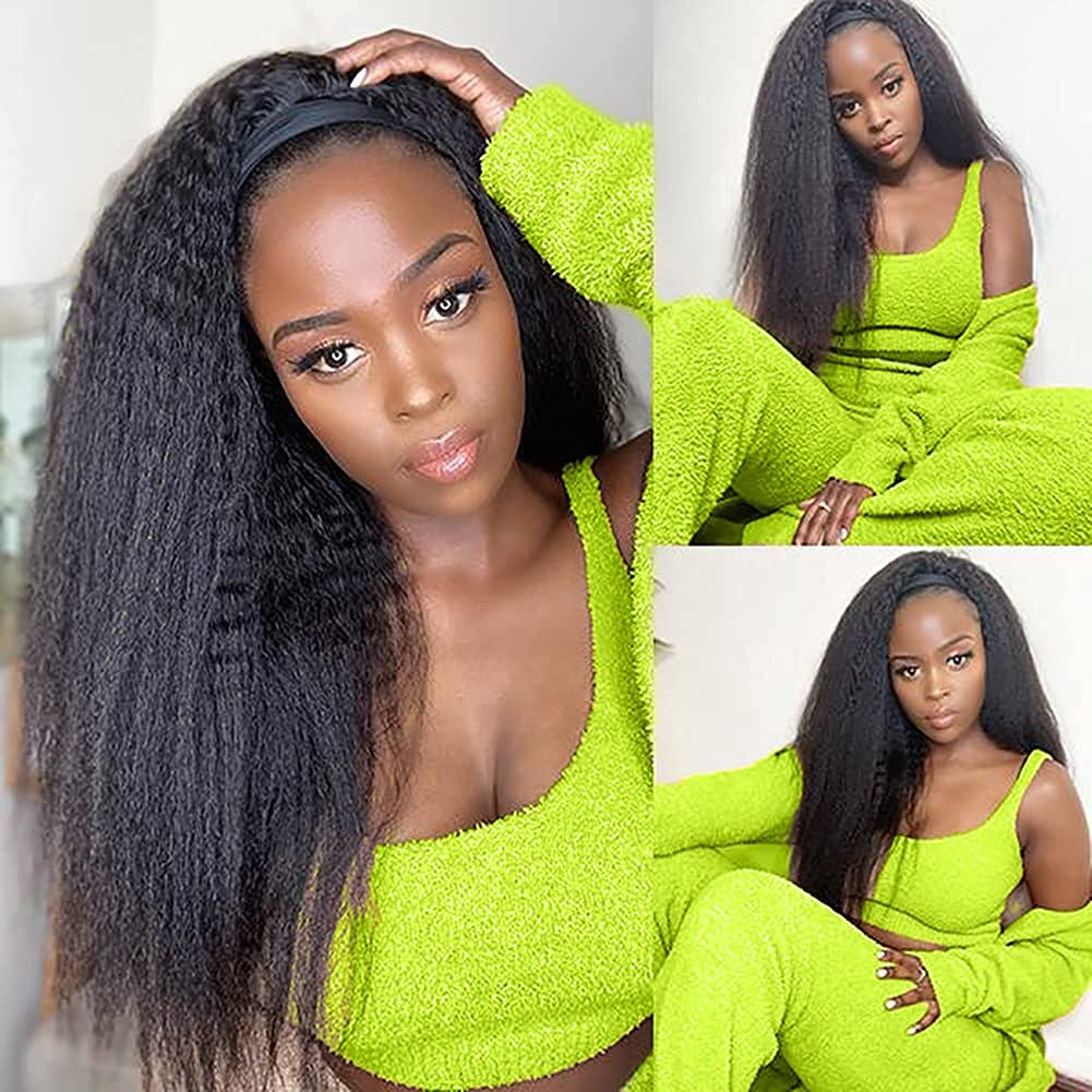Vanmast Headband Wigs Human Hair 180% Density 12A Kinky Straight Human Hair Headband Wigs For Black Women Yaki Straight Human Hair Wigs With Headband Attached Half Wig Natural Black Color 24 Inch