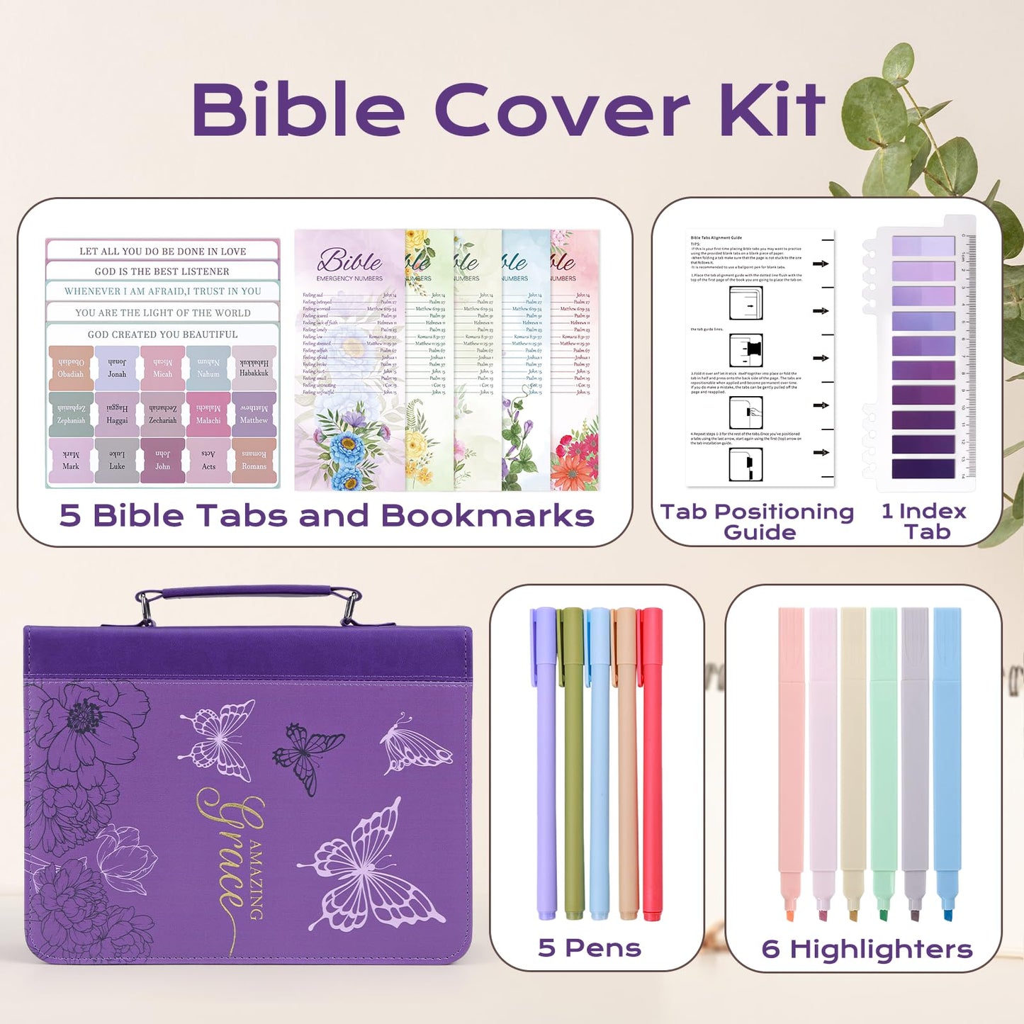 XKDOUS 24 Pcs Bible Cover Cases Set for Woman Study Bible Supplies Accessories Organizer Leather Bible Bag Holder Book Carrying Case w/Handle, Christian Gifts for Mom Women Men Lady