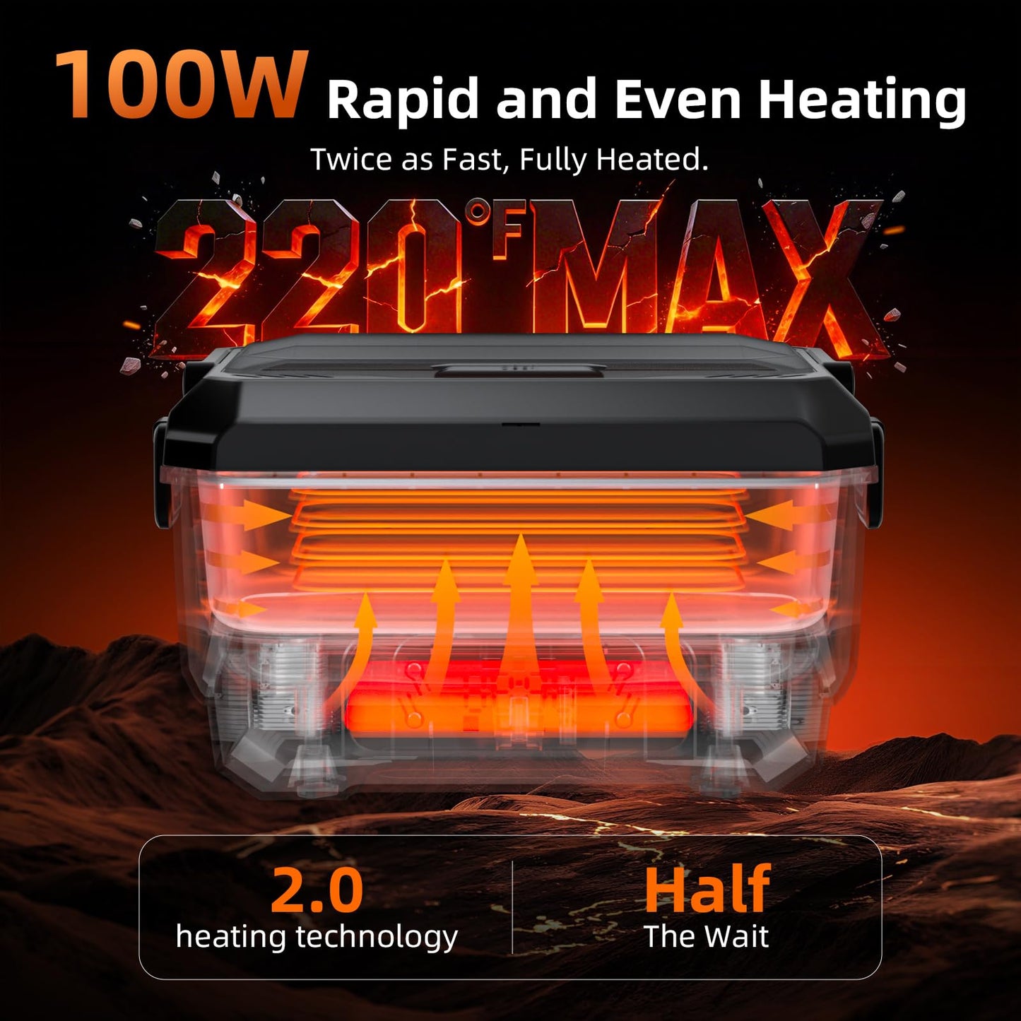 100W Cordless Heated Lunch Box, 45W Fast Charging＆22000mAh Rechargeable Electric Lunch Box for Adults - 6.5 Cups Portable Food Warmer with 24H Scheduled Heating, for Work, Office, Outdoor(Black)