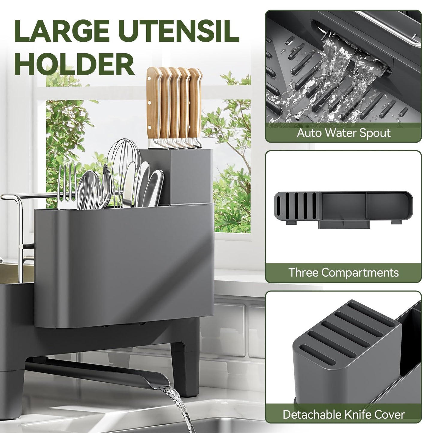Urackify Expandable Dish Drying Rack, Stainless Steel Dish Rack with Aluminum Frame, Dish Drainer for Kitchen Counter, Space Saving Kitchen Drying Rack with Movable Utensil Holder, Gray