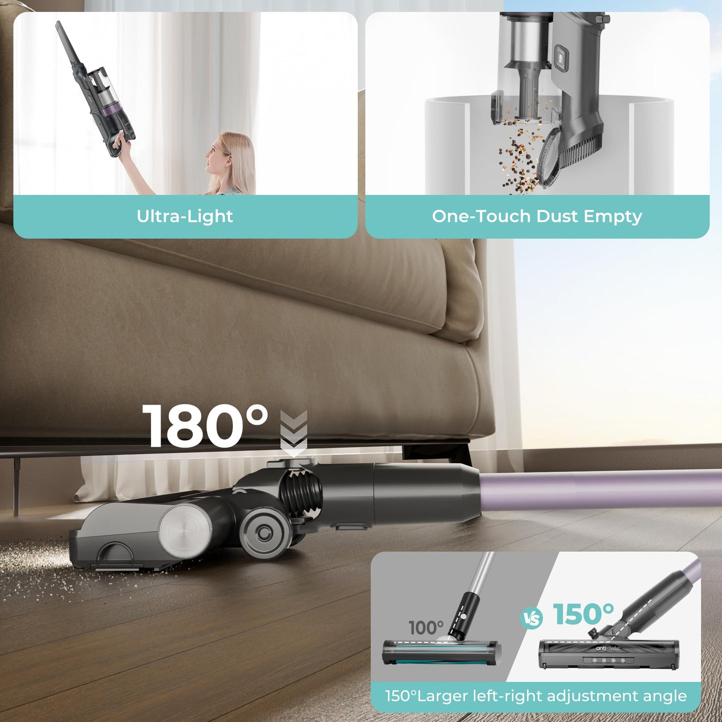 Candy Cordless Vacuum Cleaner,45Mins Vacuum Cleaners for Home,Stick Vacuum,Strong Suction,Removeable Battery,Anti-Tangle,One Click Clean,Lightweight Handheld for Hardwood Floor Carpet Pet Hair Car