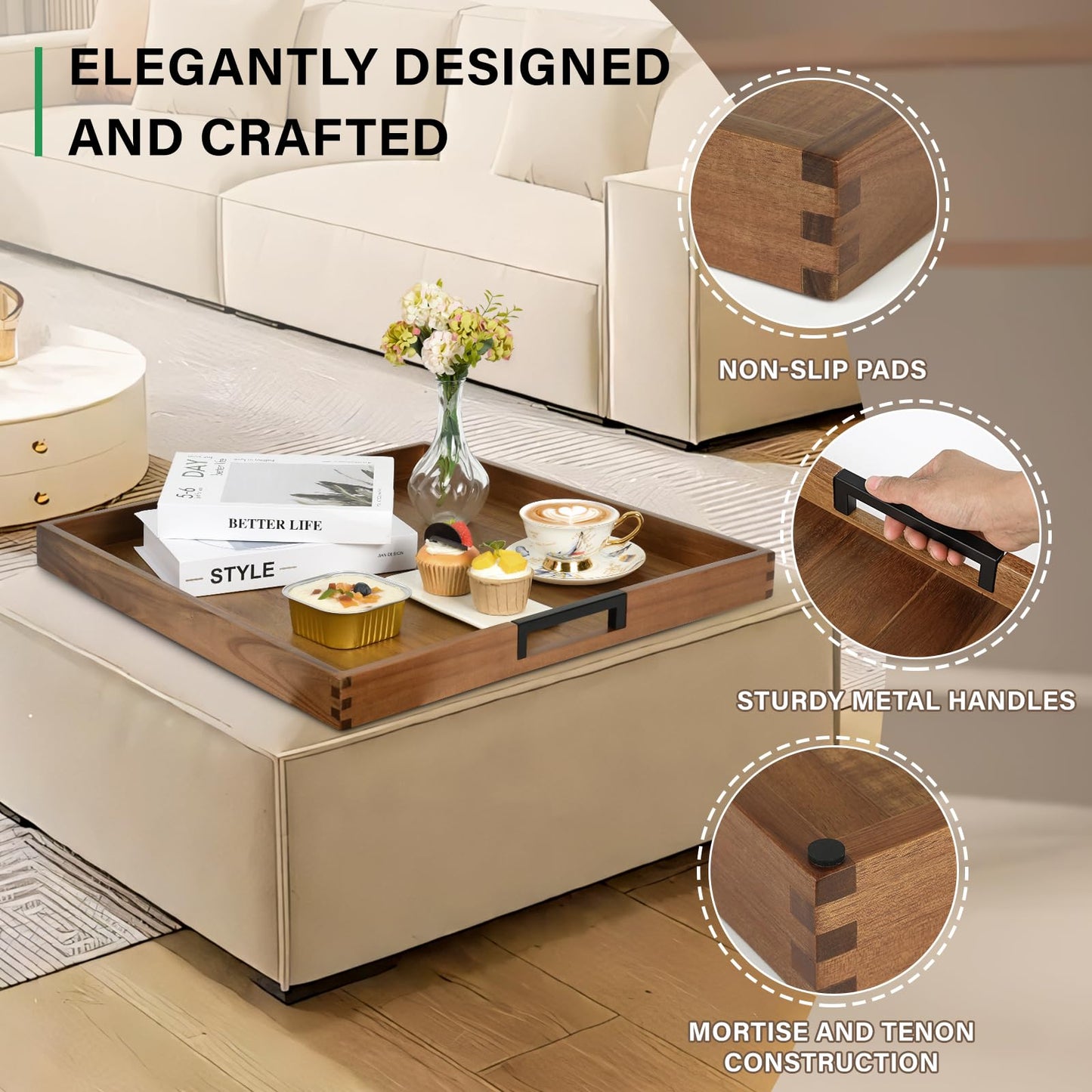 Large Ottoman Tray for Living Room and Coffee Table, Decorative Acacia Wood Serving Tray with Handles for Breakfast in Bed, Dinner Food Kitchen TV (Natural, 22" x 22" x 2")
