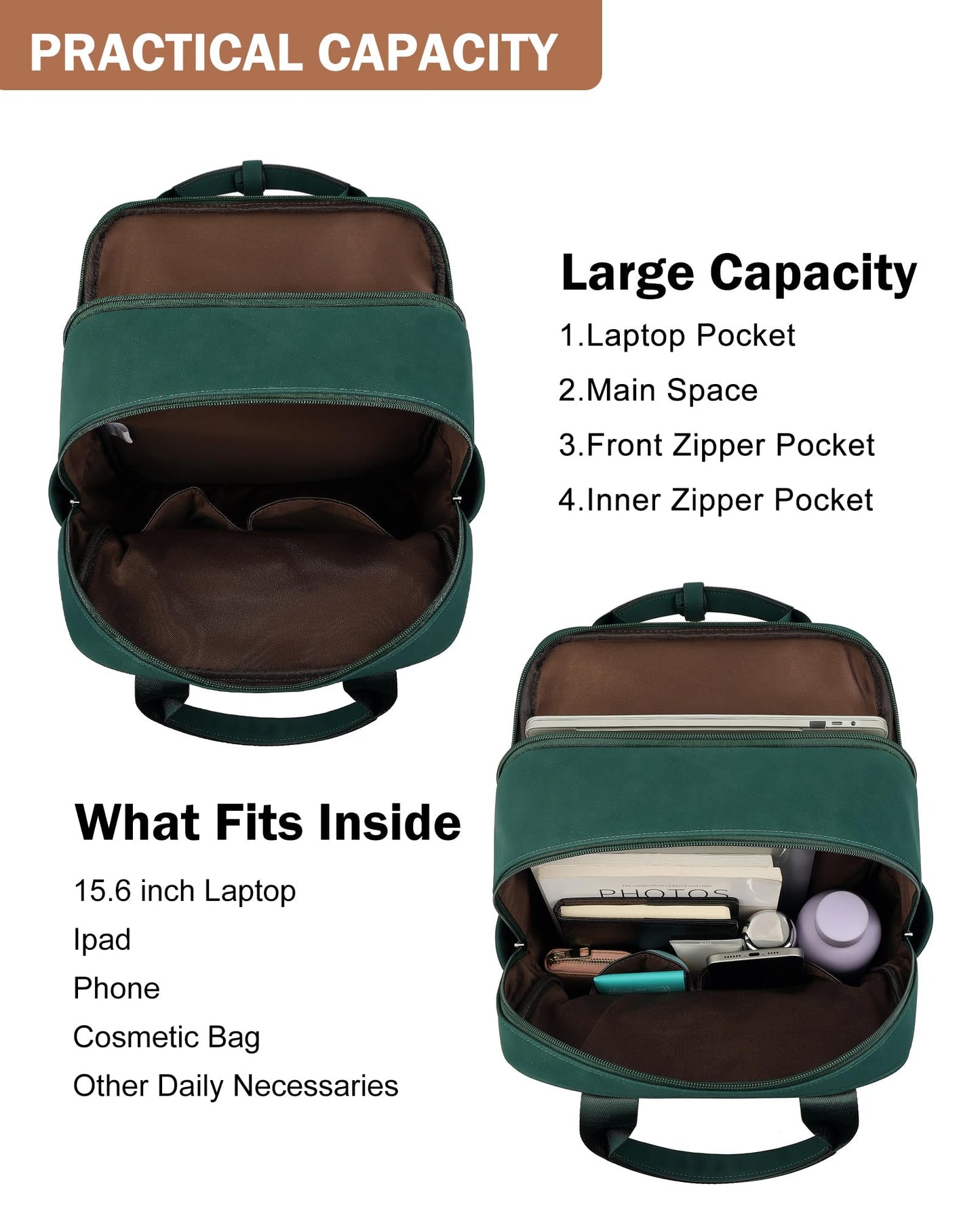 MASINTOR Leather Laptop Backpack for Women, Stylish Computer Backpack College Business Work Shoulder Bags Work and Travel Retro Green