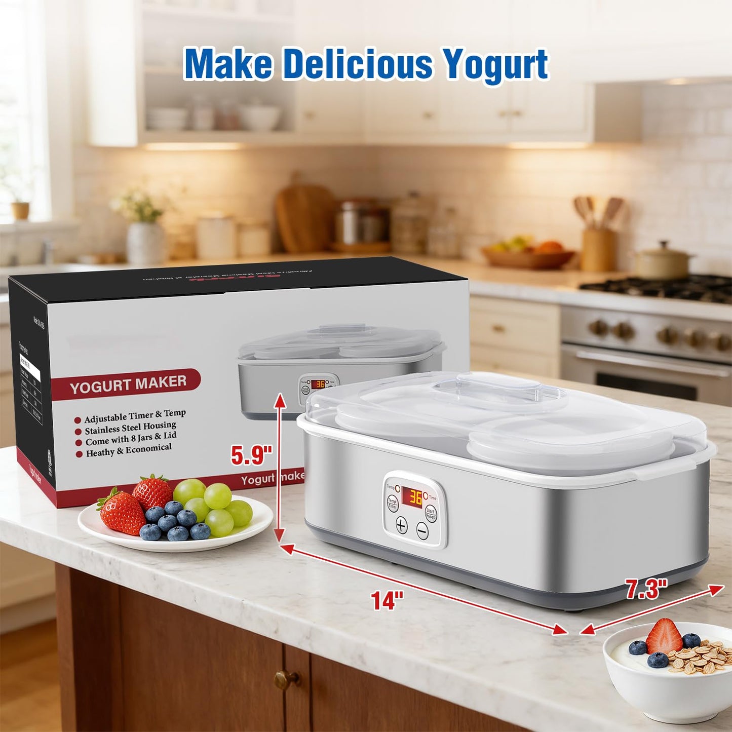 Yogurt Maker with Adjustable Time and Temp Control, Yogurt Maker Machine with Automatic Shut-Off & Constant Temper for Homemade Probiotic, Greek Yogurt, BPA-Free 2 Bowls