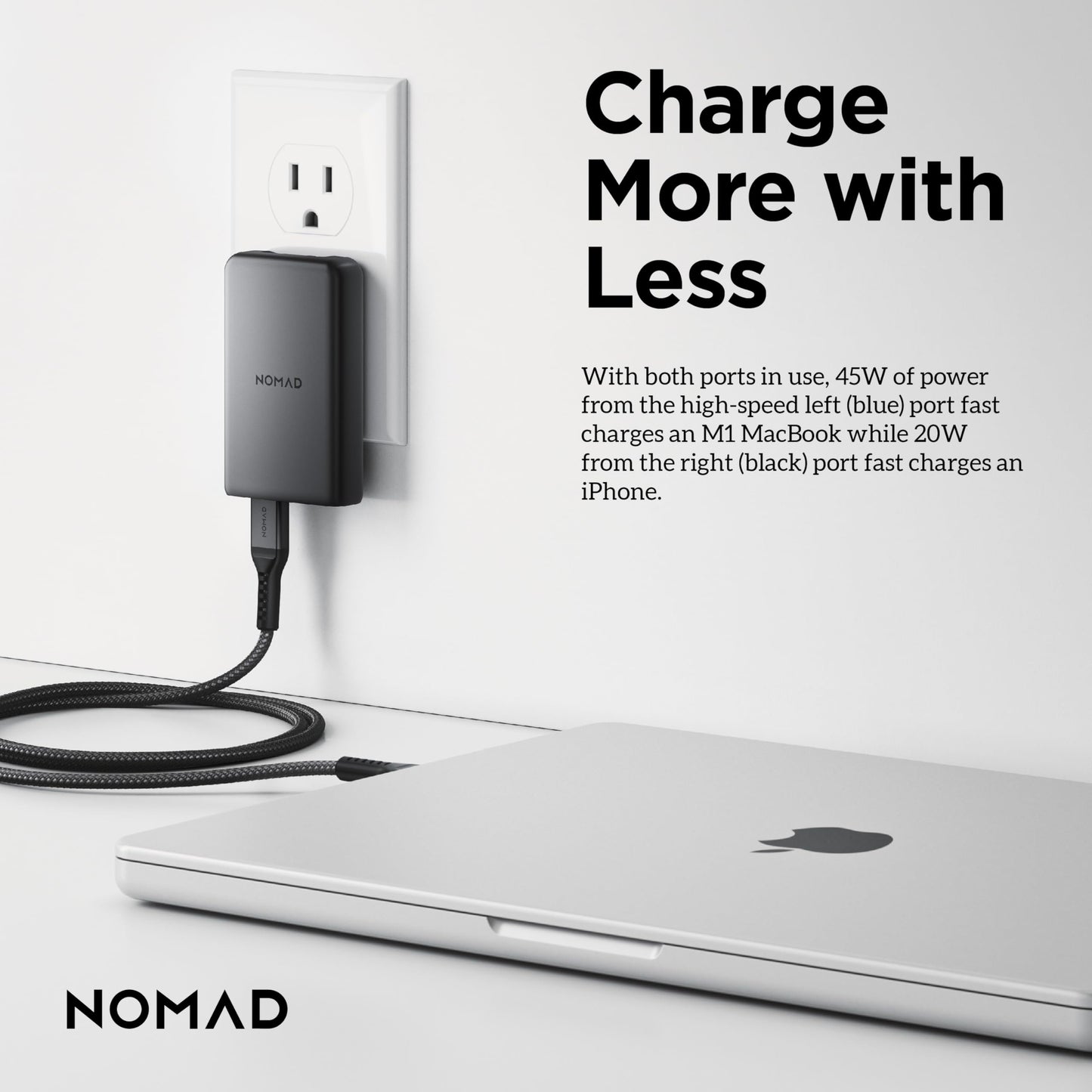 Nomad 65w Slim Power Adapter Carbide, Flat Wall Charger with Dual USB C Cable Ports, Flat Charger Block with Fast Charge Ports, Slim Charger Block Flat USB C Wall Plug, Slim USB C Wall Charger