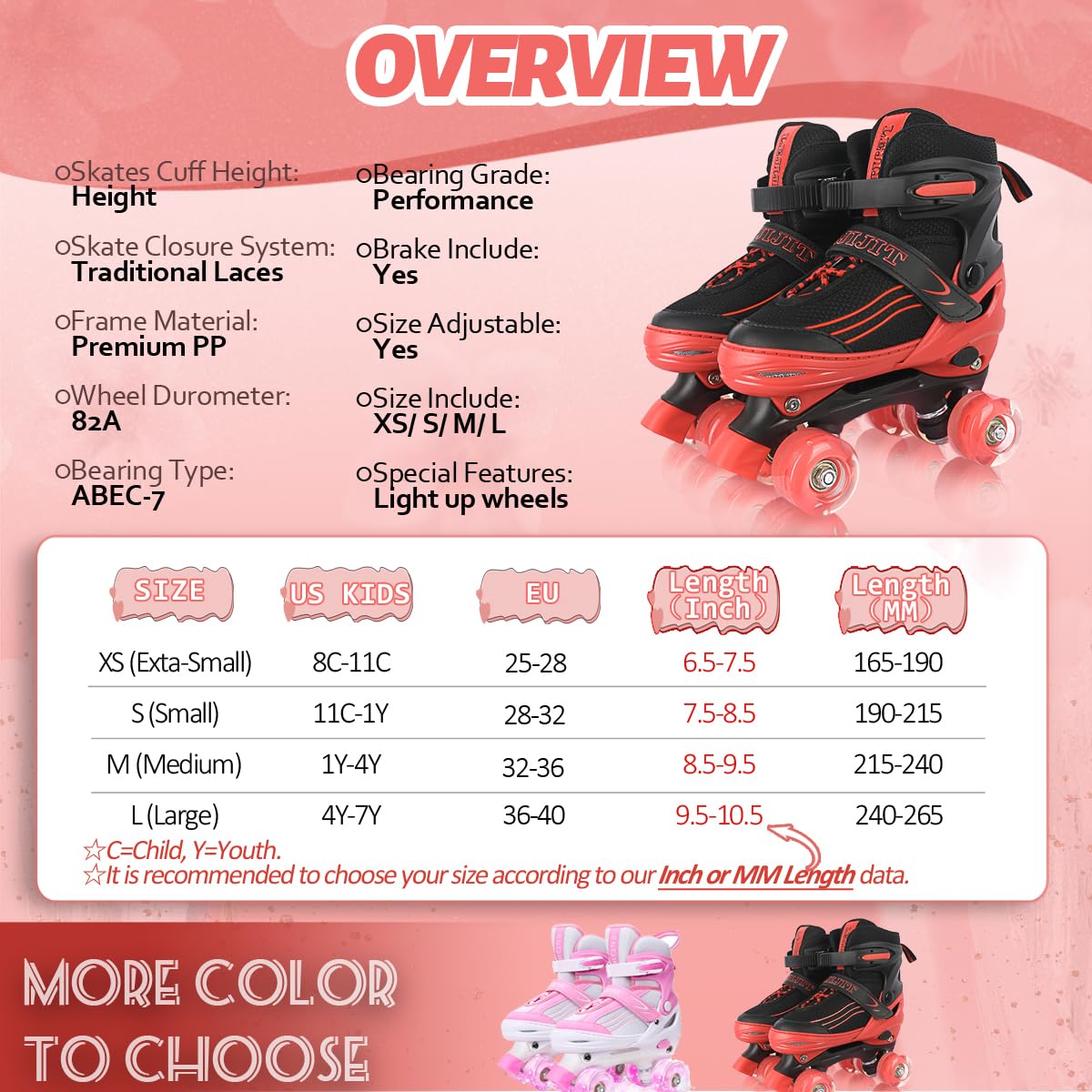 LEJIJIT Adjustable Roller Skates for Boys Girls Toddler Ages 3-12, 4 Sizes for Kids and Youth Adult with Light Up Wheels, Black Red Roller Skates for Sports. (Toddler 7C-10C)