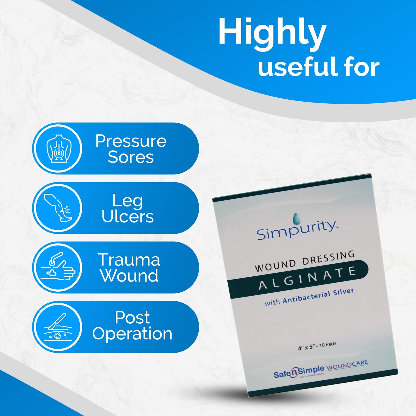 Simpurity Alginate Wound Dressing First Aid with Antimicrobial Silver, 4" x 5", Box of 10 - Calcium Alginate Dressing