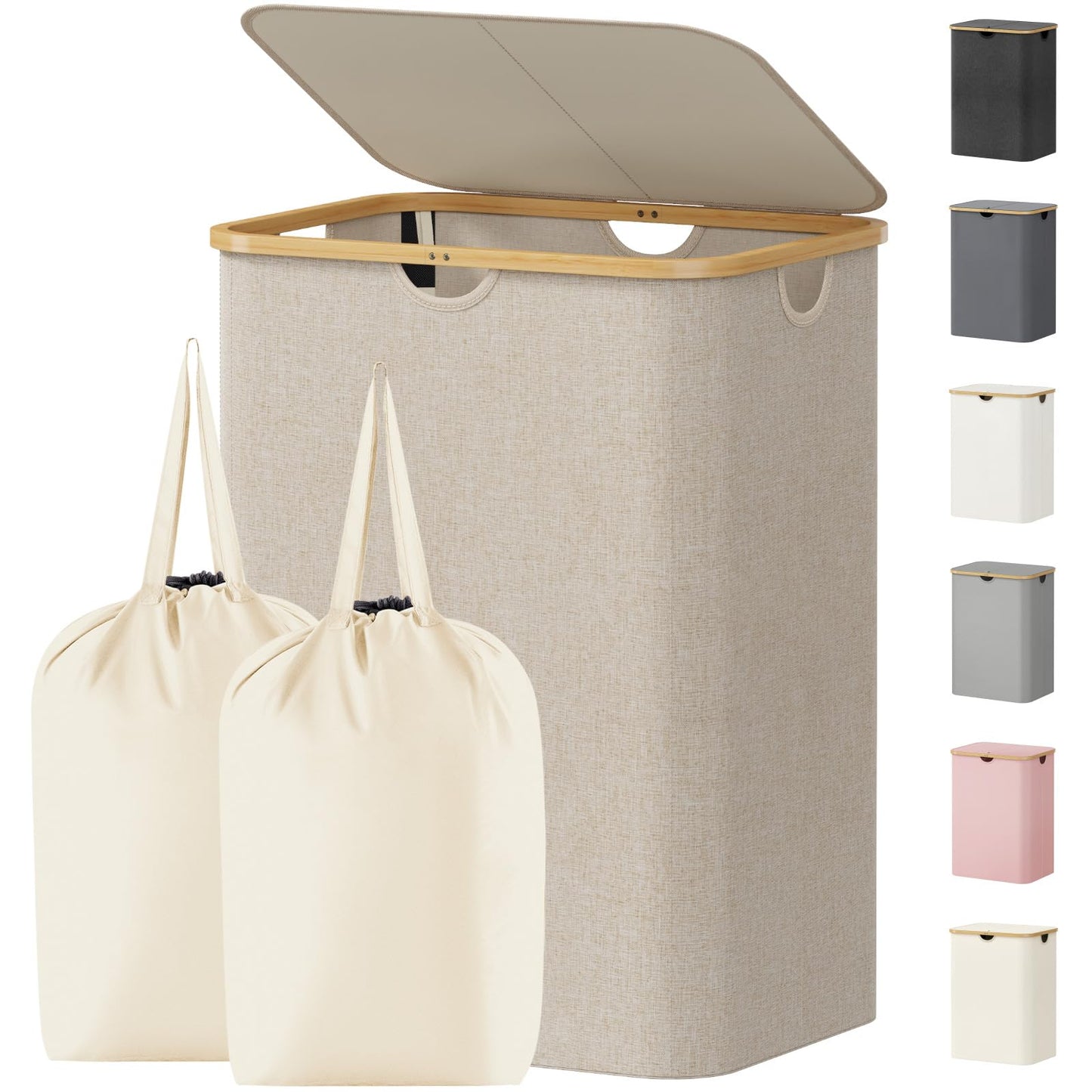 Lifewit 150L Laundry Basket with Lid, Clothes Hampers for Laundry with Bamboo Handles and 2 Removable Bag, Large Foldable Laundry Hamper for Bedroom, Bathroom, Dorm, Laundry Room, Beige