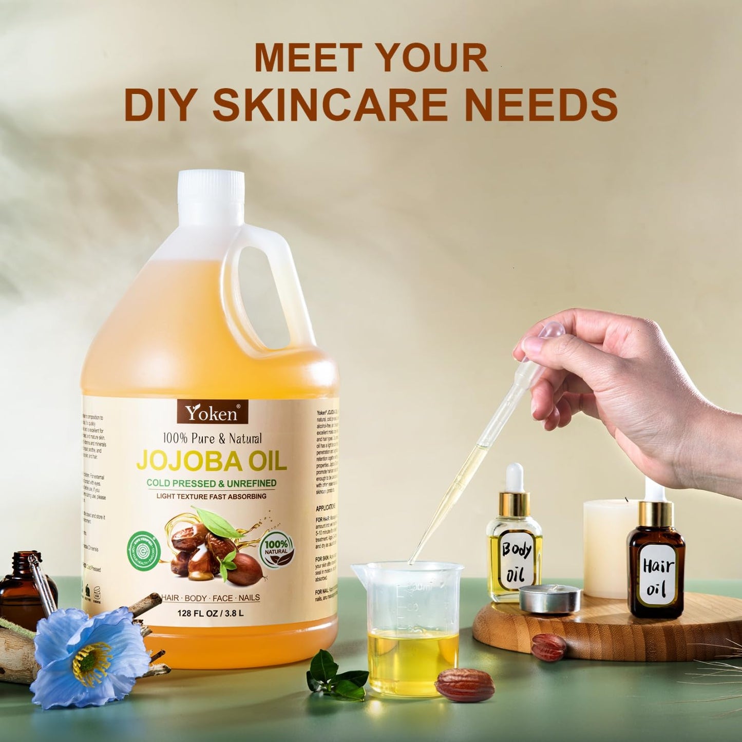 Yoken 1 Gallon Jojoba Oil EWG Verified - 100% Pure Jojoba Oil Bulk Cold Pressed Unrefined Hexane Free Virgin Golden Jojoba Carrier Oil for Hair Skin Massage DIY Natural Body Moisturizer