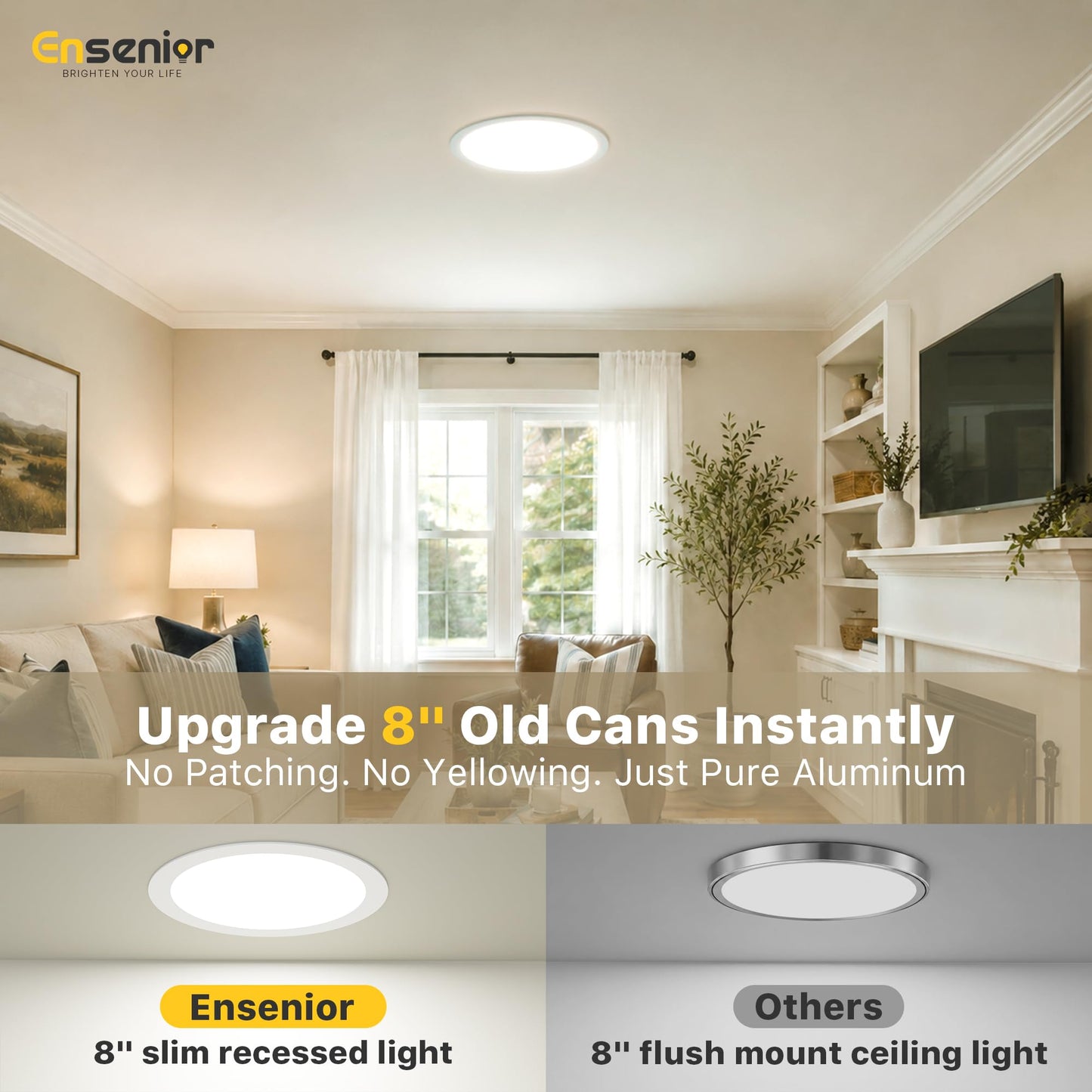 Ensenior 4 Pack 8 Inch LED Recessed Light, Dimmable, 2700K-5000K 5CCT, 1600LM High Brightness, 18W 120V, Damp Rated, Ultra-Thin Canless Wafer Light - ETL & FCC & IC