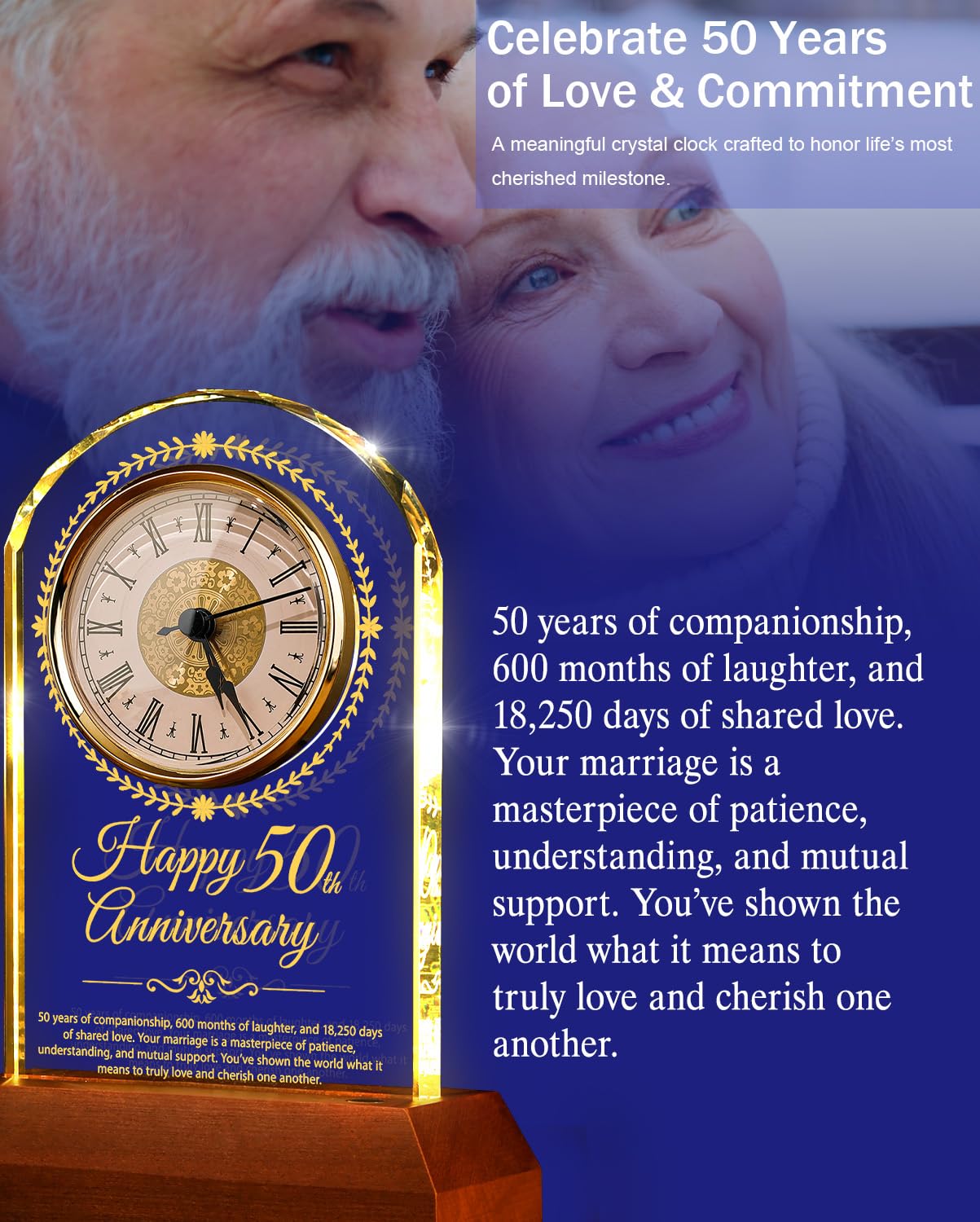Sttokilly 50th Wedding Anniversary Crystal Quartz Clock with Wooden Light Base,50 Years of Marriage Gift,Happy Golden Anniversary Decoration Gift,for Parents,Grandparents,Couple