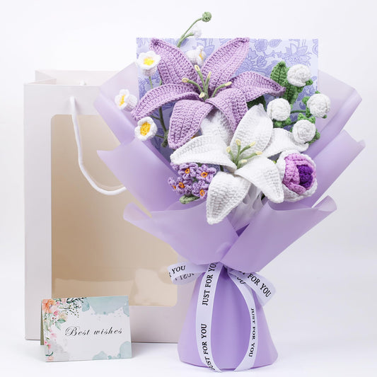 EZsenses Crochet Flower Bouquet, Handmade Knitted Lily Faux Crochet Flowers for Home Decor Valentines Day Anniversary Weddings Birthdays Mother’s Day, Includes Gift Bag and Greeting Card (Lily)