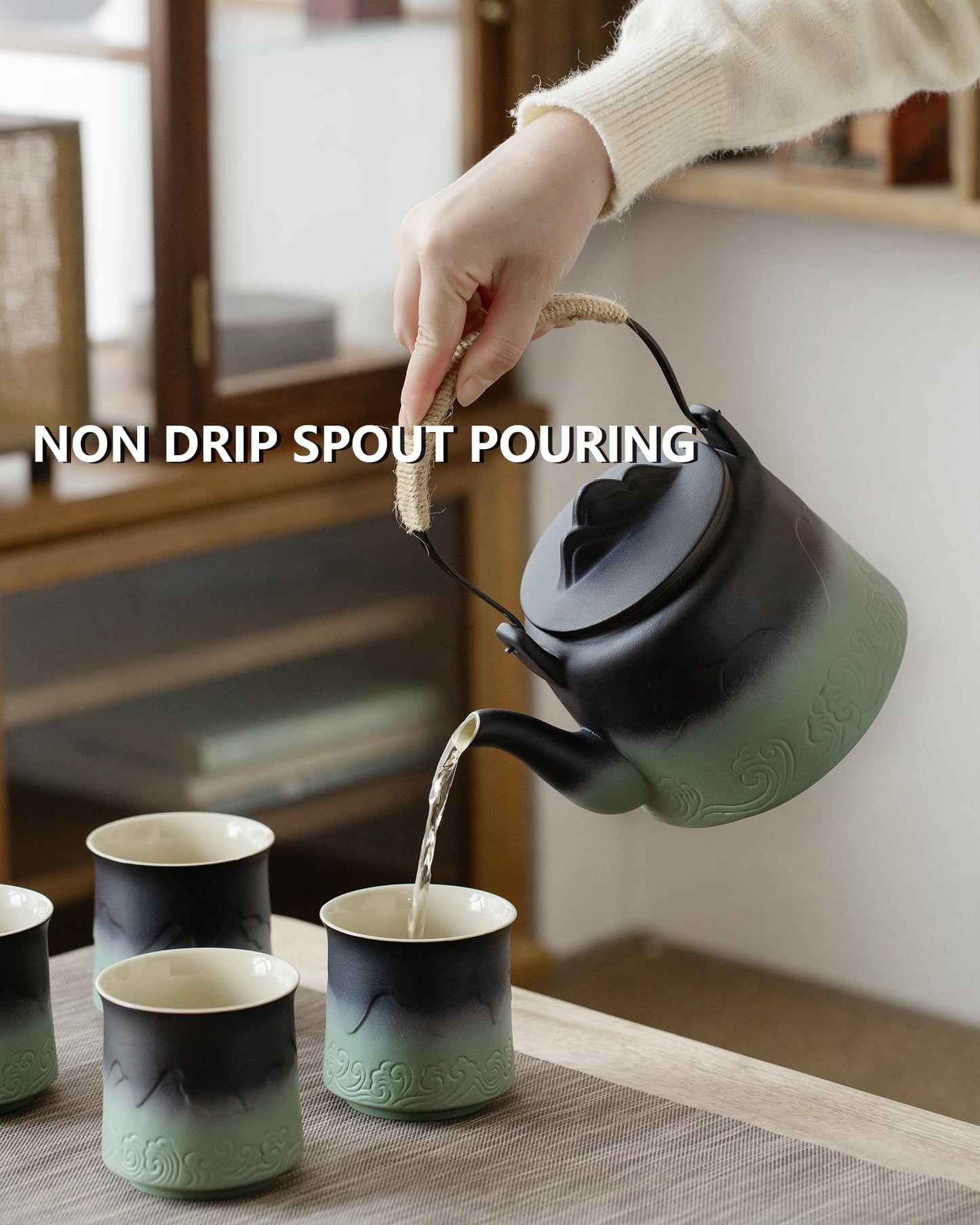 ZENS Vintage Japanese Tea Set with 4 Tea Cups, 33.8 oz Embossed Ceramic Loose Leaf Teapot with Built-in Strainers for Tea Steeper, Hemp Rope Handle Gradient Japanese Tea Pot for Tea Lovers Gifts