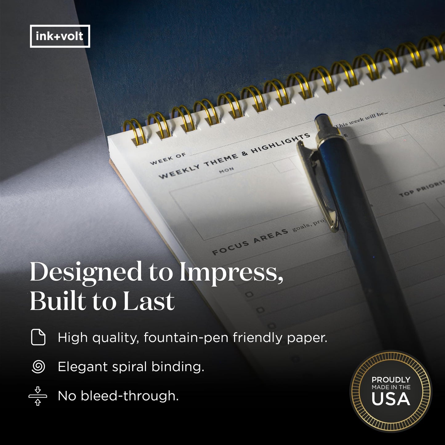 Ink+Volt Dashboard Spiral Deskpad | Undated Weekly Planner Notepad w/ 52 Undated Sheets, Premium Productivity Planner, Minimalist Weekly to do List for Work & Study | A4 Size, Navy - Made in the USA