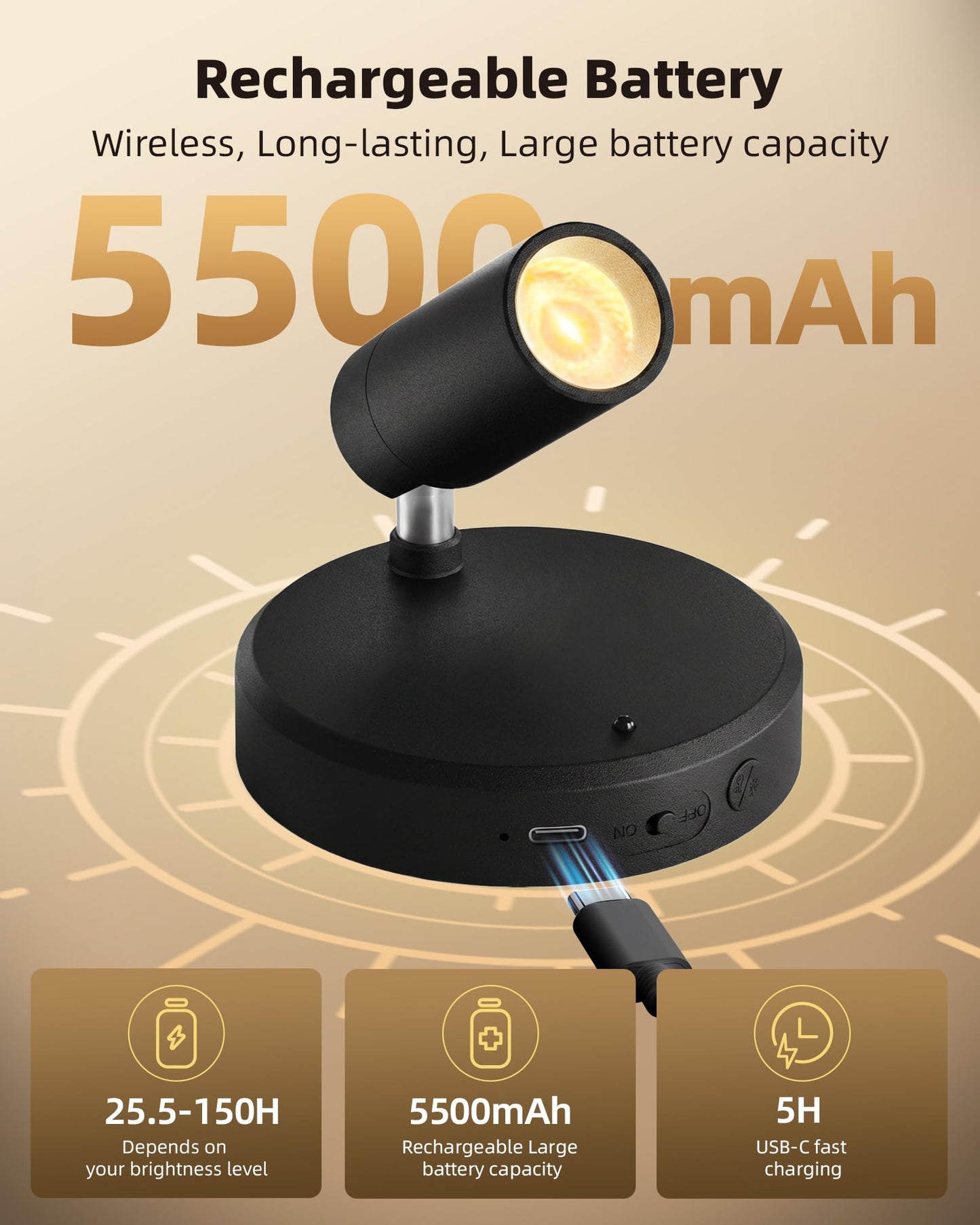 EZVALO Spotlights Indoor with Remote, 5500mAh Rechargeable Picture Lights, Wireless LED Uplighting with Timer & Dimmable, 3-CCT, Mini Plant Spot Lights for Painting, Artwork (4-Pack-Black)